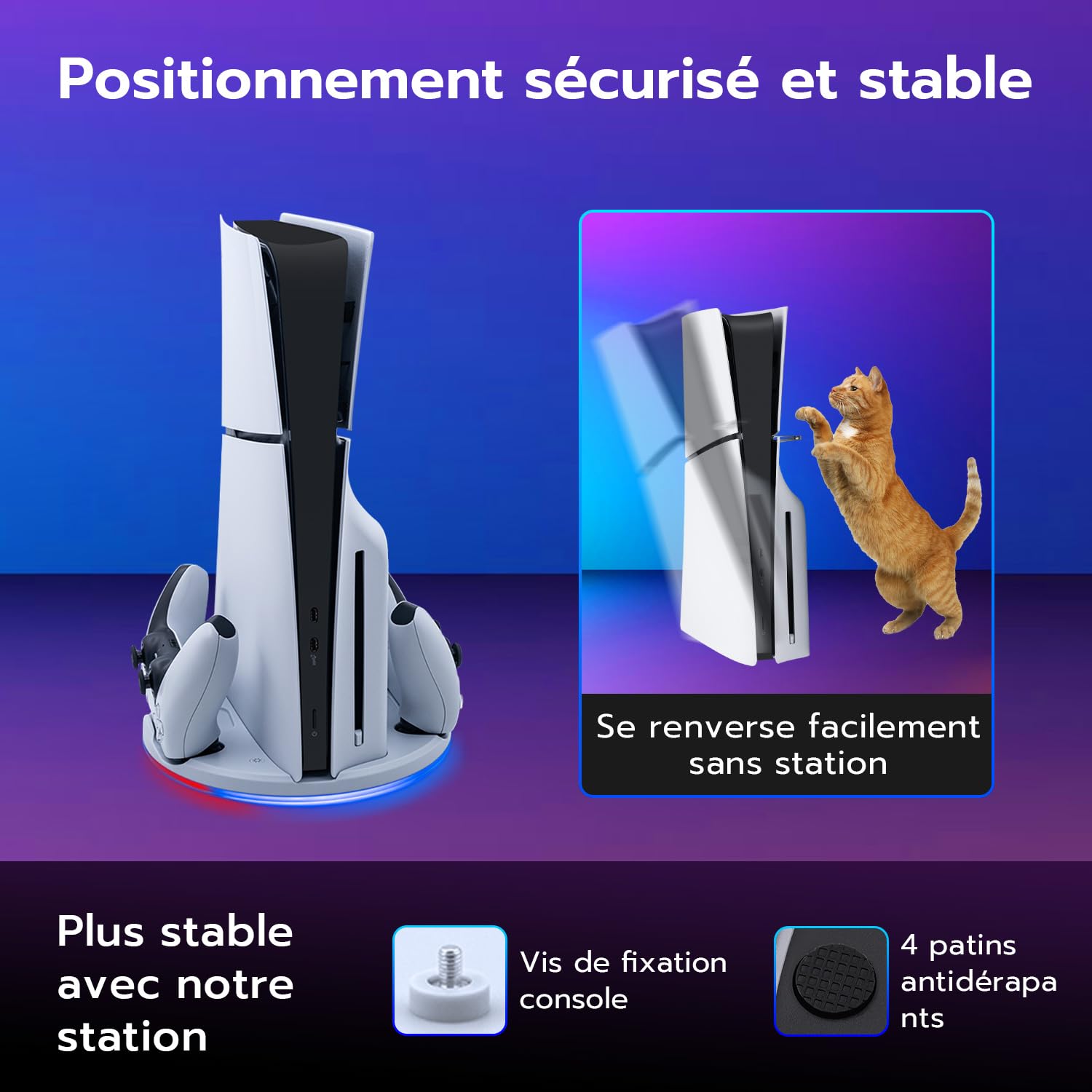 Wigearss Support Vertical pour PS5 Slim, Station de Charge Rapide pour Deux Manettes avec Crochet Casque et Lumière LED, Compatible avec la Console PS5 Slim DE/UHD(Pas pour PS5/Pro)