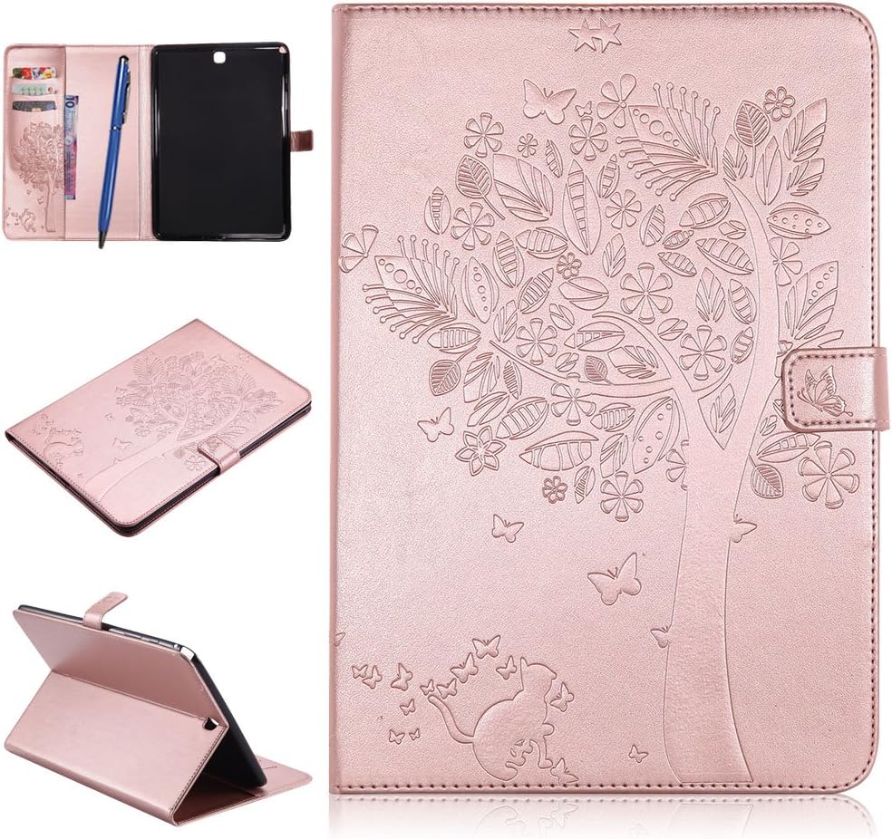 Galaxy Tab A 9.7 Tablet Case,Careynoce PU Leather Magnetic Flip Wallet Protective Case Cover for Samsung Galaxy Tab A 9.7" SM-T550 + Screen Protector and Stylus Pen - Tree and Cat(Rose Glod)