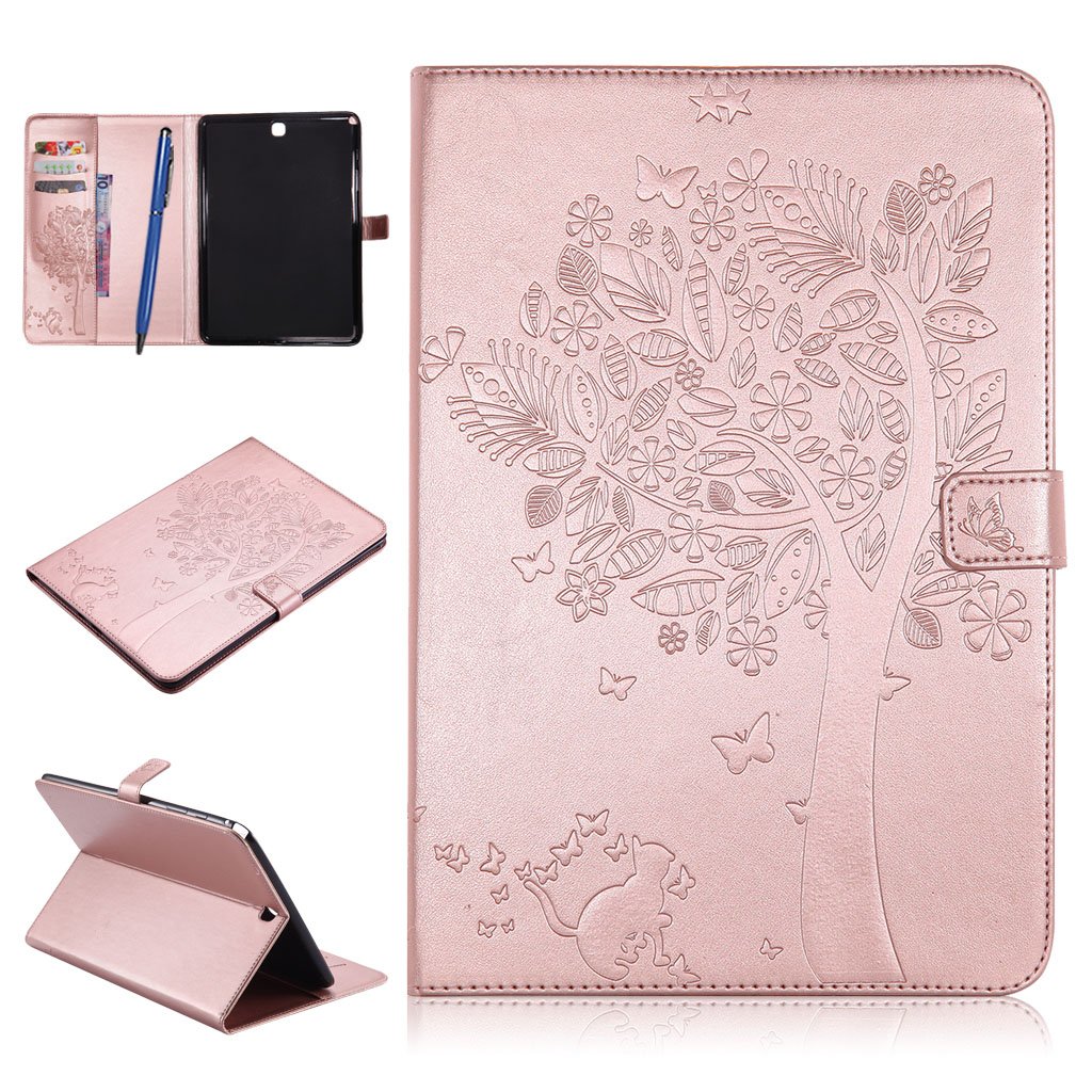 Galaxy Tab A 9.7 Tablet Case,Careynoce PU Leather Magnetic Flip Wallet Protective Case Cover for Samsung Galaxy Tab A 9.7" SM-T550 + Screen Protector and Stylus Pen - Tree and Cat(Rose Glod)