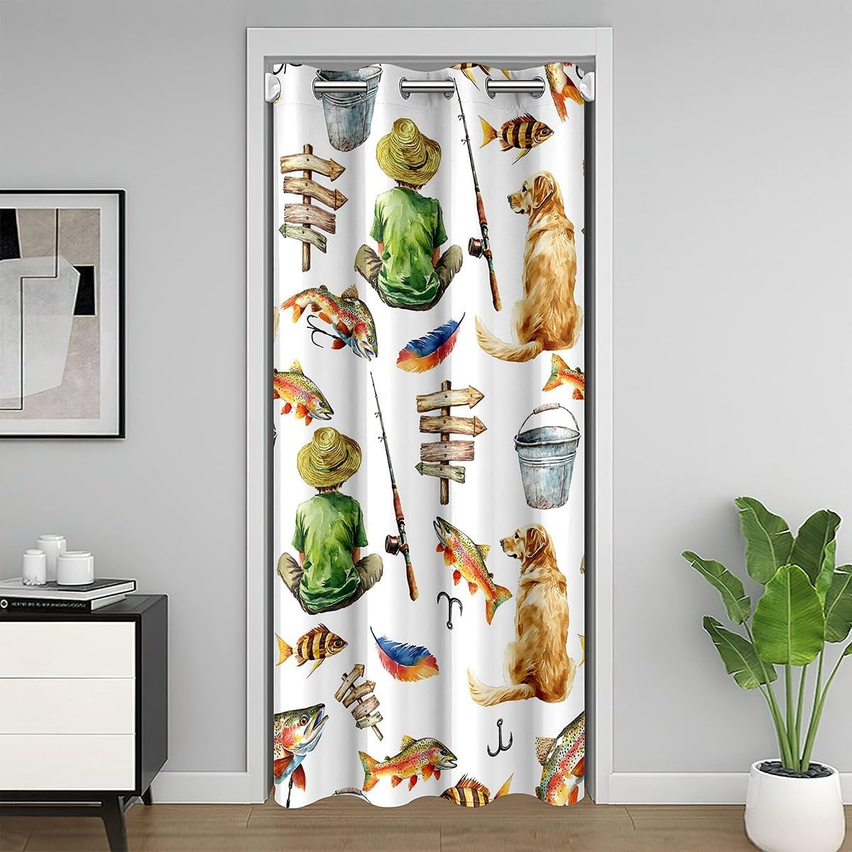Manfei Go Fishing Blackout Curtain 80"×34",Nature Adventure Rustic Farmhouse White Door Curtain 1 Panel,Fisherman Fishing Rod Bass Fish Graffiti Doorway Curtain Living Room