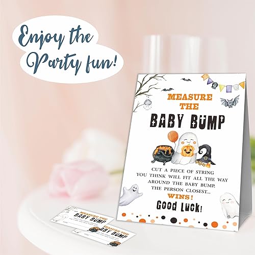 Miniatura 3 de Baby Shower Measure The Baby Bump Kit de juego  Acuarela Halloween  1 letrero de pie y 50 boletos  How Big Is Mommy's Belly Sign  Revela de género,