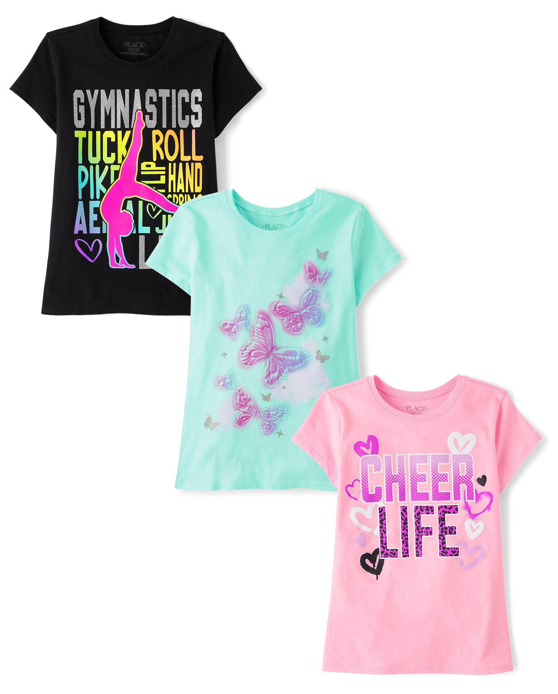 The Children's Place Girls Sports,Trends,Icons Short Sleeve Graphic T-Shirts,3 Pack