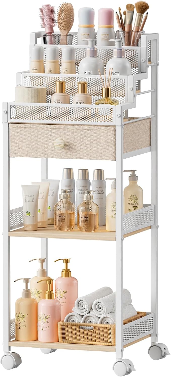 Plaviya Bathroom Storage and Organizer with Drawer, Makeup Cart 13in | Rolling Makeup Storage Cart for Bedroom, Skincare Vanity Display Riser for Cosmetics, Perfume, Laundry, Small Space, Metal