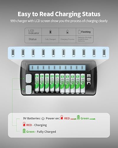 Miniatura 7 de EBL Cargador de batería LCD de 12 bahías para baterías recargables AA, AAA y 9V, estación de carga multibatería con 10 ranuras AA AAA estándar y 2