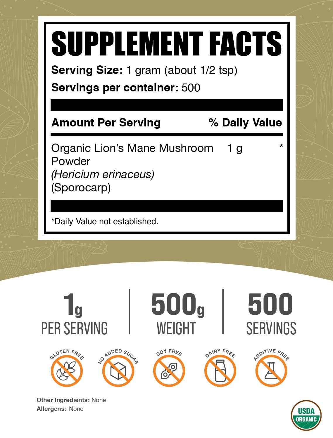BulkSupplements.com Organic Lions Mane Mushroom Powder - Lions Mane Powder, Mushroom Supplement - Vegan & Gluten Free, 1g per Serving, 500g (1.1 lbs) (Pack of 1) — Amazon image 2