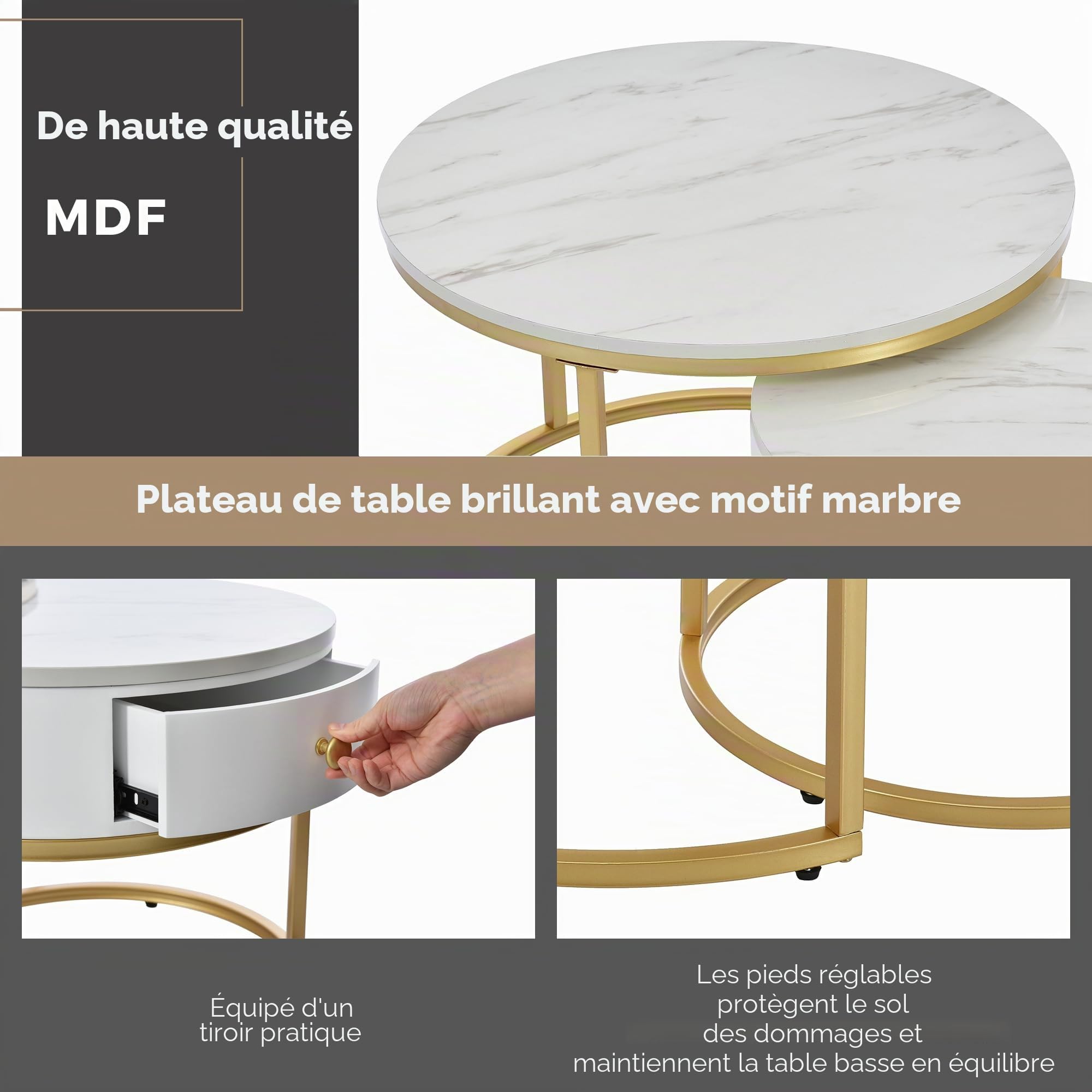 Merax Lot de 2 tables basses rondes, table d'appoint moderne pour salon avec tiroir, piétement en métal doré, motif marbre, tables de canapé pour chambre, balcon, bureau, Blanc