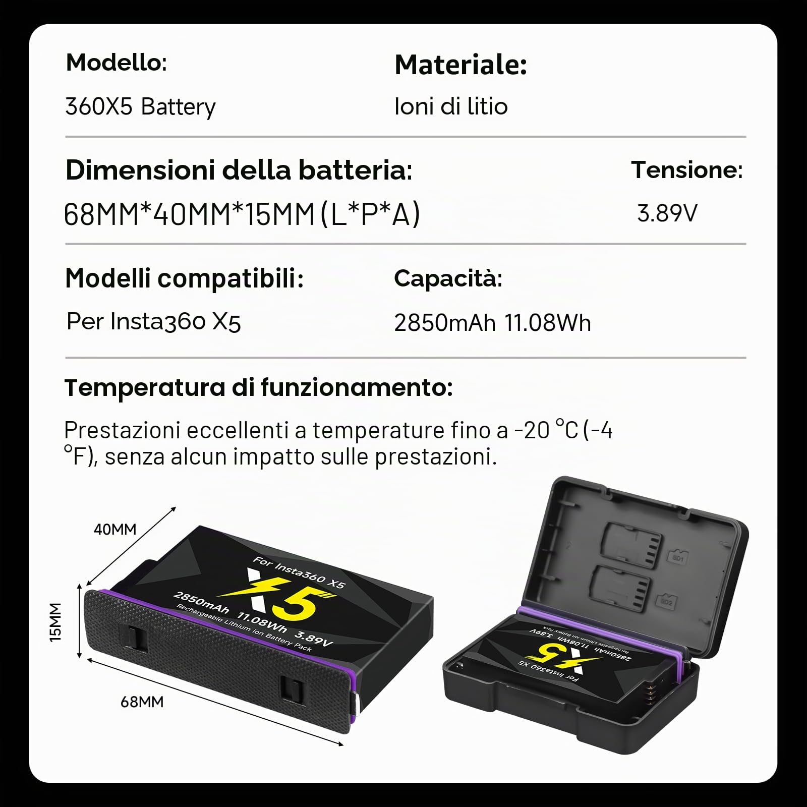 CITYORK Confezione da 3 batterie da 2850 mAh per fotocamera sportiva Insta-360. X5, batteria ricaricabile per Insta-360. Accessori a lunga durata, facile sostituzione [con custodia nera raffinata]