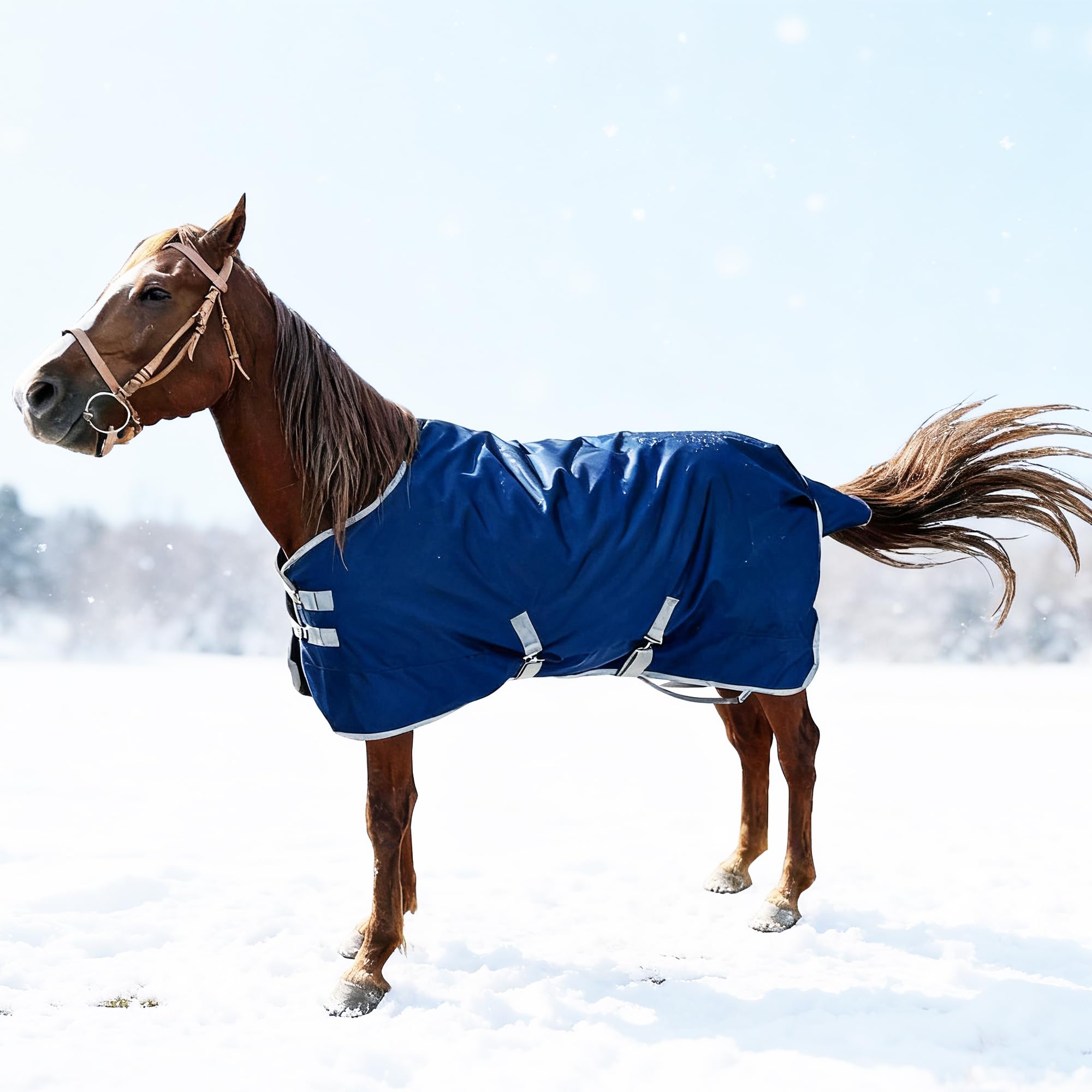 Manta de Caballo 1200D Impermeable para Invierno, 400 g, Forro de Relleno de algodón cálido 1200D, Manta Impermeable de Peso Medio, 145 cm, Azul Profundo