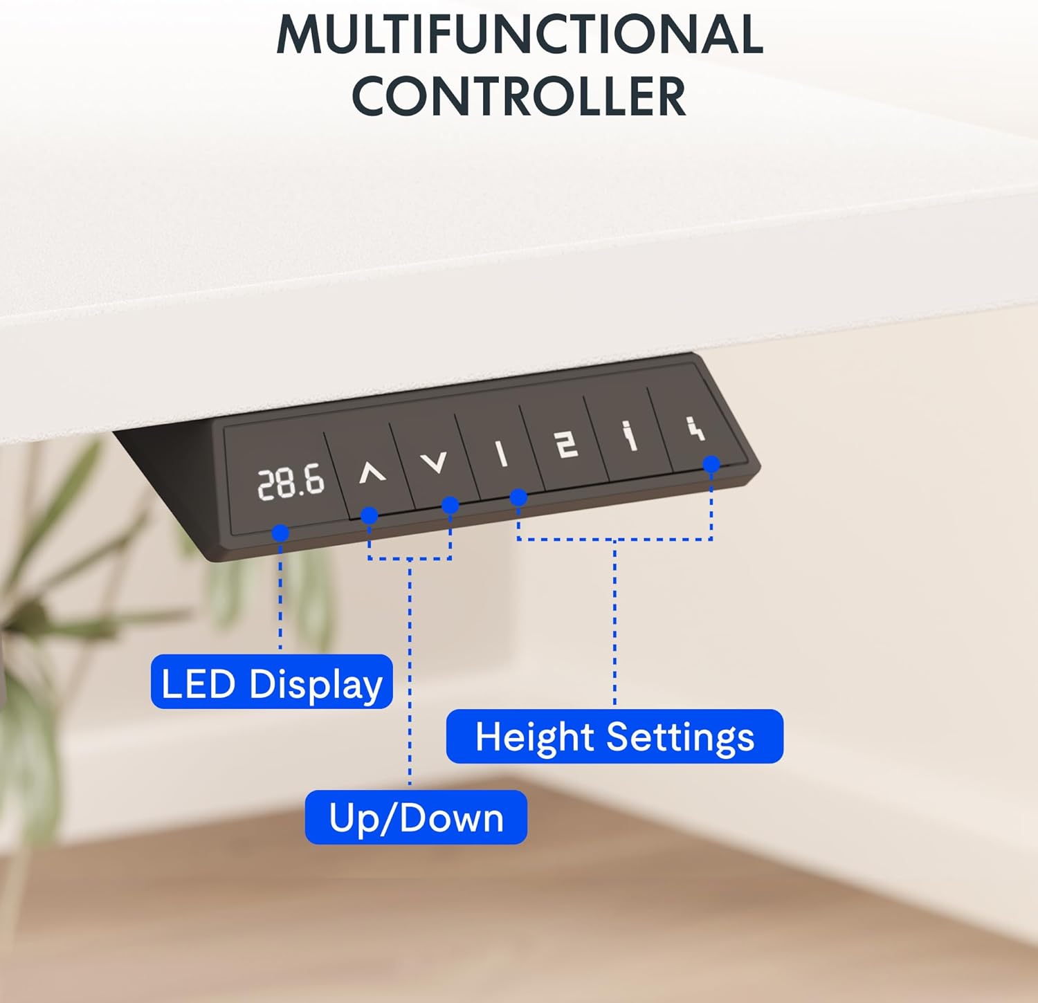 Close-up of the multifunctional digital controller with LED display, up/down arrows, and four height setting buttons.