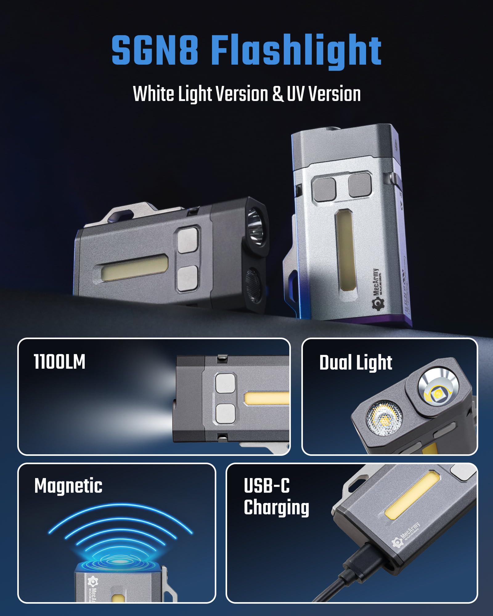 MecArmy SGN8 365nm UV Keychain Flashlight, EDC Blacklight