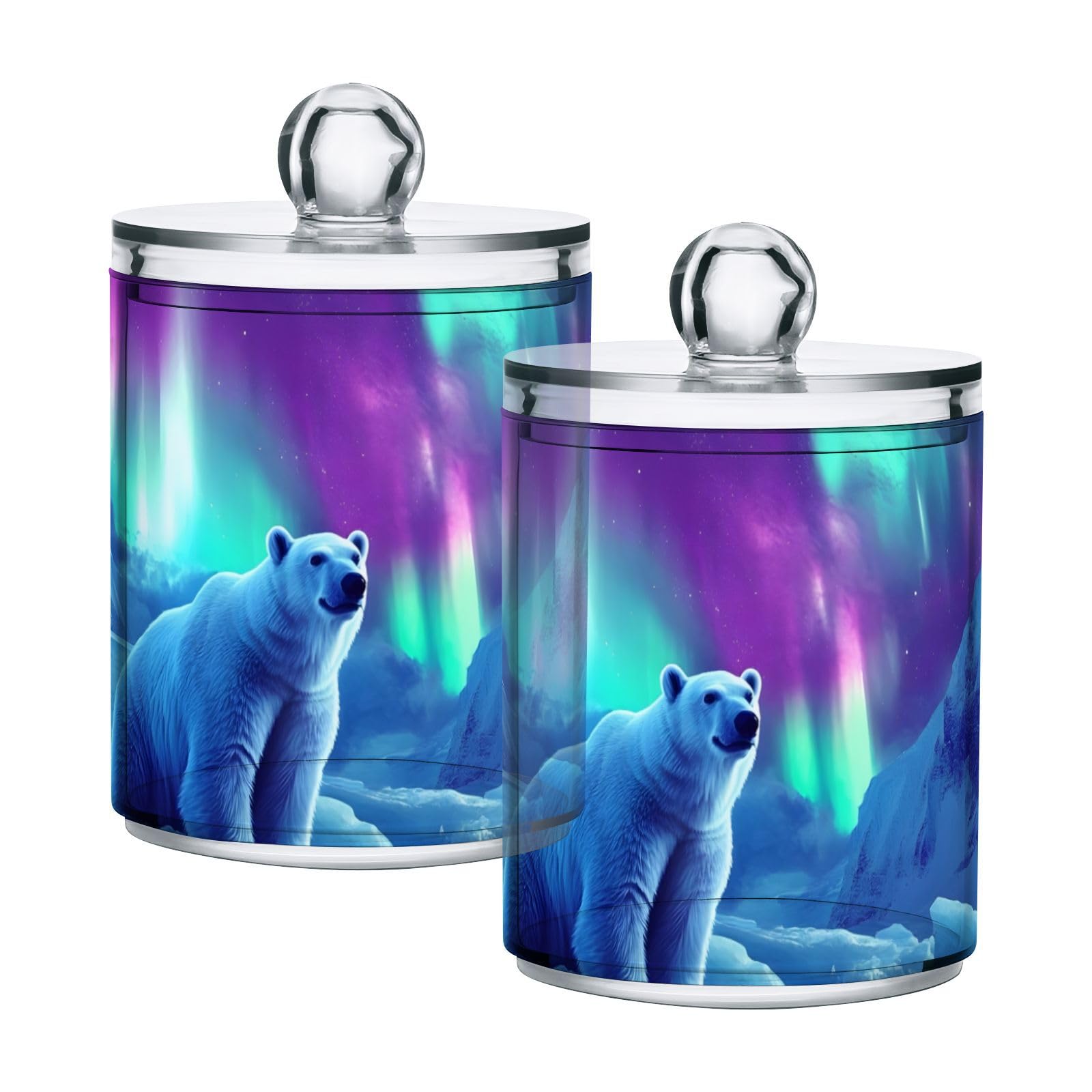 YMGQYJ 2 Pack Cotton Ball and Swab Organizer with Lid Aurora Polar Bear Print, Plastic Jars Bathroom Canisters Storage Organizer