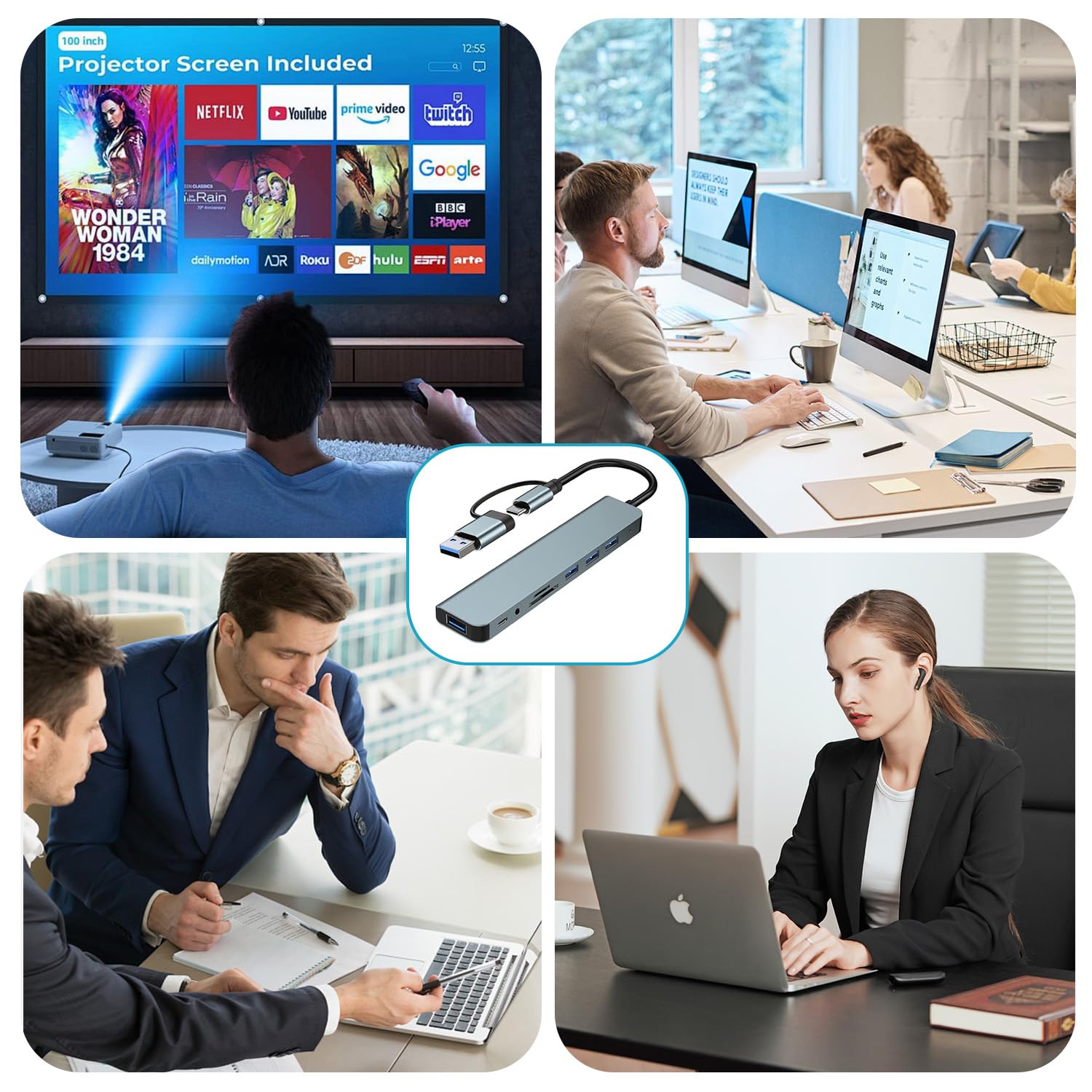 Koncentrator USB-C 8 w 1: 4 USB-A, czytnik kart SD/TF, gniazdo słuchawkowe, adapter wieloportowy do smartfonów, laptopów, iPada Pro, przełącznik