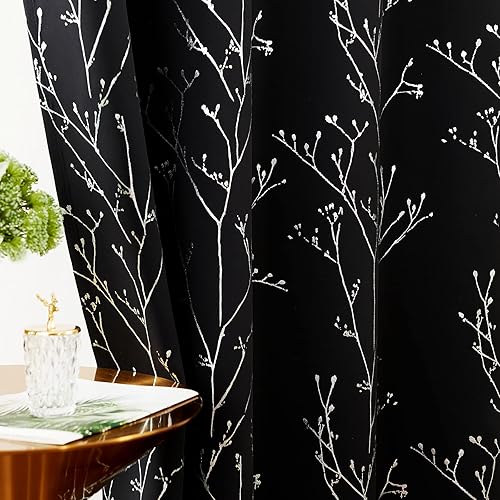 Topick Cortinas opacas con aislamiento térmico para dormitorio, cortinas largas negras para ventana de sala de estar con estampado de ramas de árbol