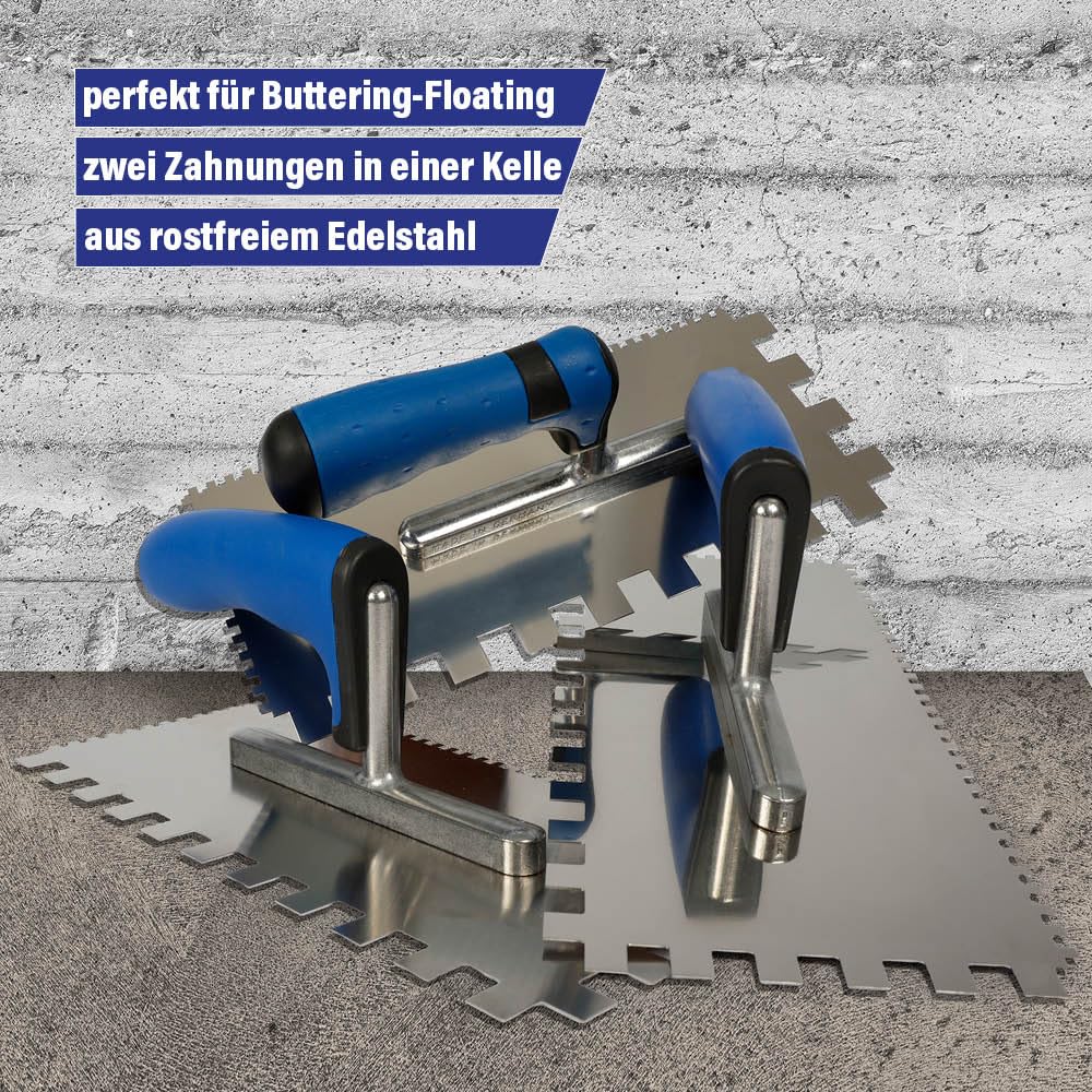 Karl Dahm Buttering-Floating Kelle, blau I Fliesen-Kelle mit 4 mm & 10 Zahnung I Glättkelle mit Softgriff I Leichtes Fliesen-Legen mit professionellem Fliesen-Werkzeug – 11563