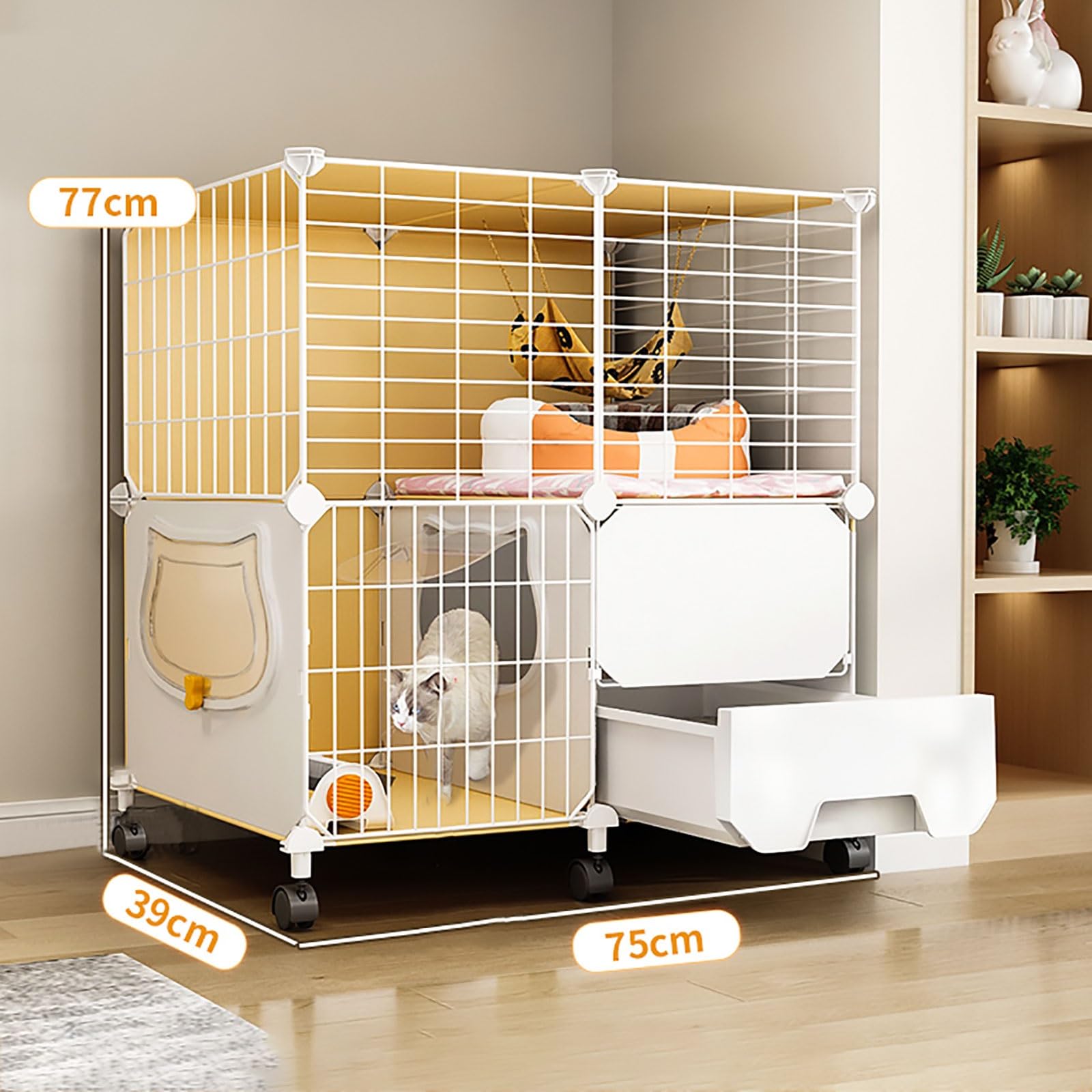 Gabbia per Gatti con lettiera, Box per Gatti al Coperto Fai-da-Te Gabbia per Gattini Semi-Chiusa Cuccia per Gatti con Ruota Gabbia Staccabile in Filo Metallico, Ampio Luogo per Esercizi (Siz