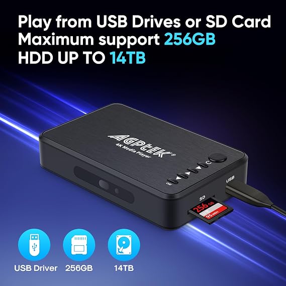 AGPTEK Updated 4K@30hz HDMI TV Media Player with HDMI/AV/VGA Output, Digital MP4 Player for 14TB HDD/ 256G USB Drive/SD Card/H.265 MP4, with Remote Control for MP3 AVI RMVB MPEG etc
