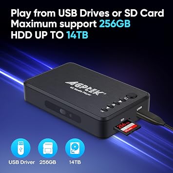 AGPTEK Updated 4K@30hz HDMI TV Media Player with HDMI/AV/VGA Output, Digital MP4 Player for 14TB HDD/ 256G USB Drive/SD Card/H.265 MP4, with Remote Control for MP3 AVI RMVB MPEG etc
