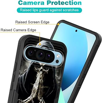 Pixel 9 Pro XL Pro用ケース、デュアルレイヤーハイブリッドヘビーデューティー頑丈耐衝撃ハードPC +ソフトシリコン保護ケース Google Pixel 9 Pro XL 2024用、祈りのスケルトンクロス
