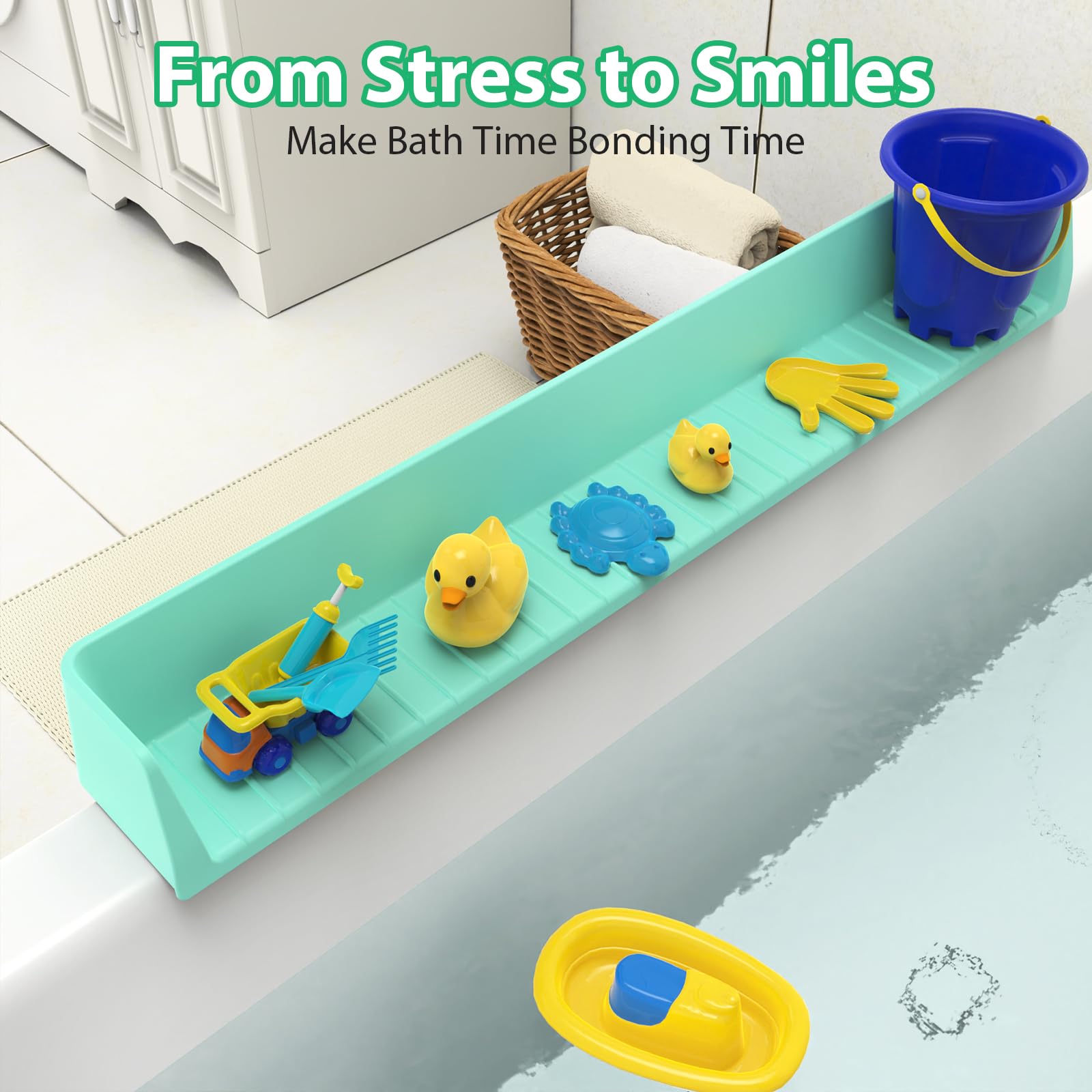 Paraspruzzi per vasca da bagno per bambini, barriera d'acqua extra larga 80 cm e vassoio da gioco, organizer sicuro per giocattoli, in silicone facile da pulire con ventose, accessori per