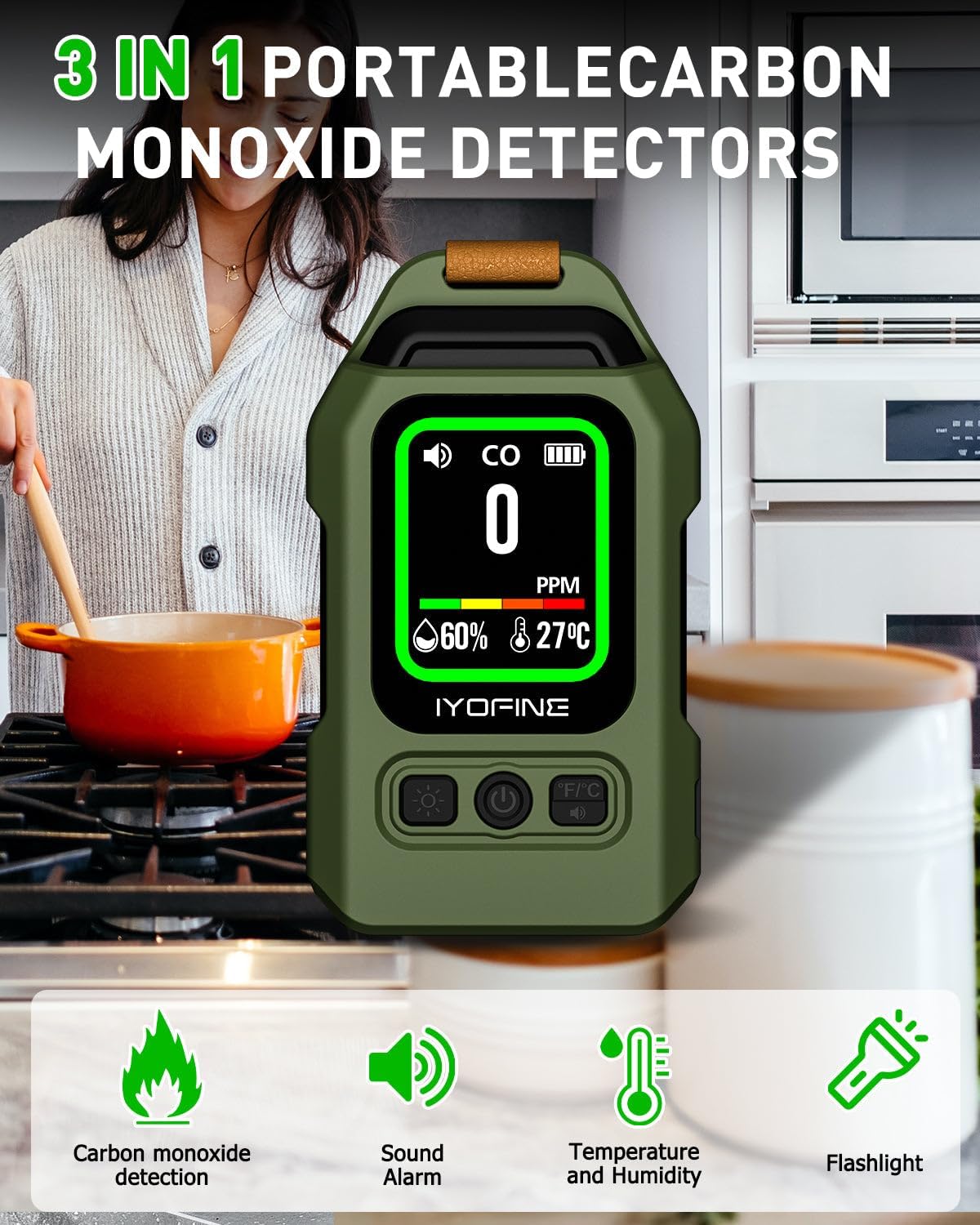 Portable Carbon Monoxide Detector for Travel, 300H Standby, CO Detector with Magnetic Back, Rechargeable 3-in-1 CO Monitor with Audible & Visual Alarm for Camping, Hotel, Car & RV (Dark Green) image 2 of 6 B0FLQCL3CV