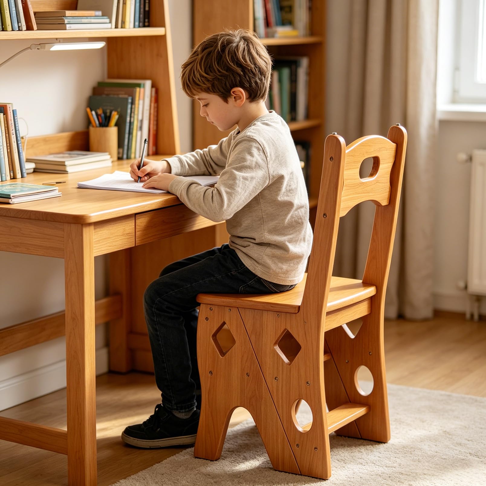 4 Marches Escabeau, 2-en-1 Marchepied et Chaise, Marchepied Domestique | Chaise de Bibliothèque Pliante en Bois Massif (Charge Maximale 180 kg), Escabeau pour Cuisine, Maison et Bibliothèque