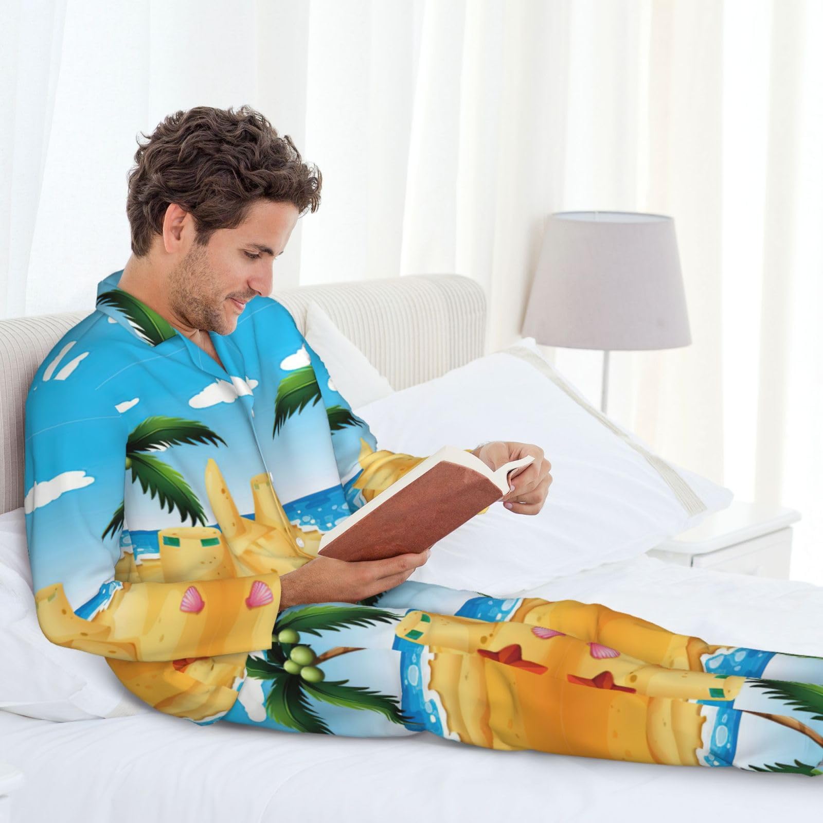Conjunto de pijama con estampado de casa de arena para hombre, pijama suave de manga larga con botones y bolsillos