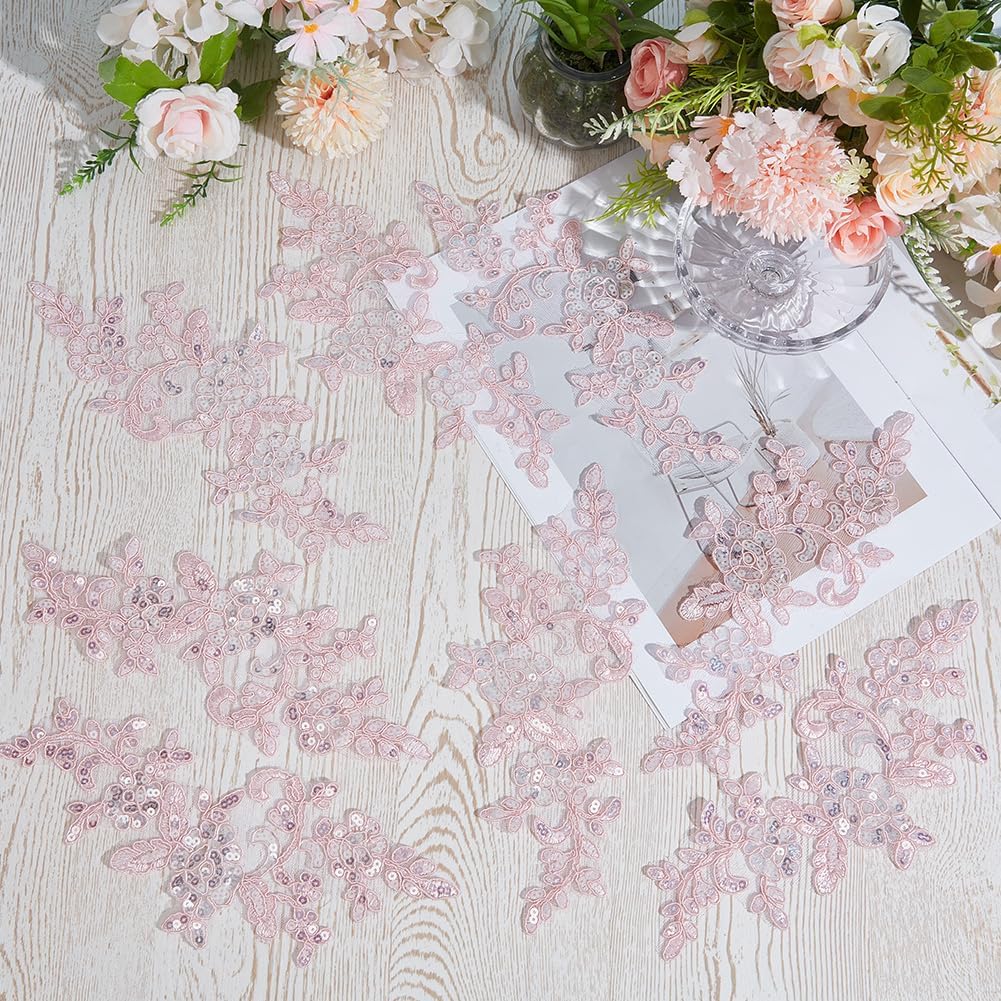 GORGECRAFT 8Pcs Sequin Flower Embroidered Lace Patches Beaded Appliques Embellishments Pink Embroidery Sew on Fabric Collar Patch for Wedding Gown Dress Sewing Crafts DIY Clothes Garments Costumes