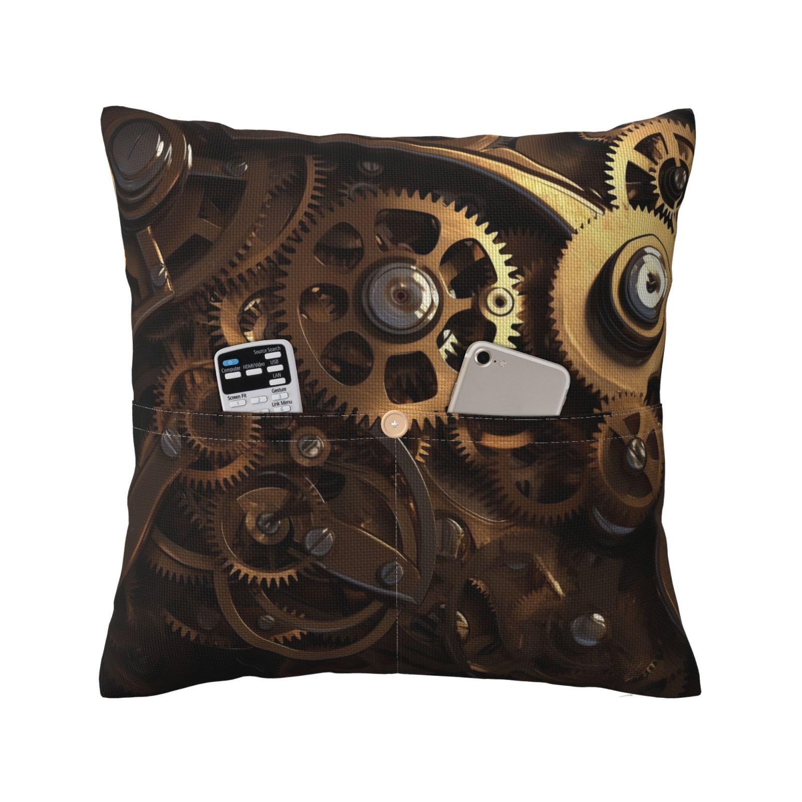 Cpeowzl Black Cool Steampunk Gears Printed Linen Pillow Case With Pocket 45X45 Cm- Soft Square Cushion Cover Modern Pillowcase 1Pcs