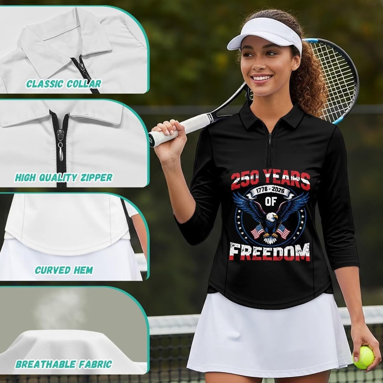 Women 3/4 Sleeve Golf Polo Shirts Zip Collared Tennis Polo Workout Tops Quick Dry Lightweight Athletic Work Blouses