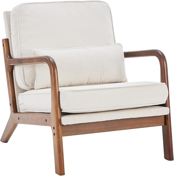 DUMOS Mid Century Modern Chair, Accent Chair with Arms and Waist Cushion, Reading Chairs for Adults, Lounge Chair for Living Room and Bedroom, Solid Wooden Frame, Cream