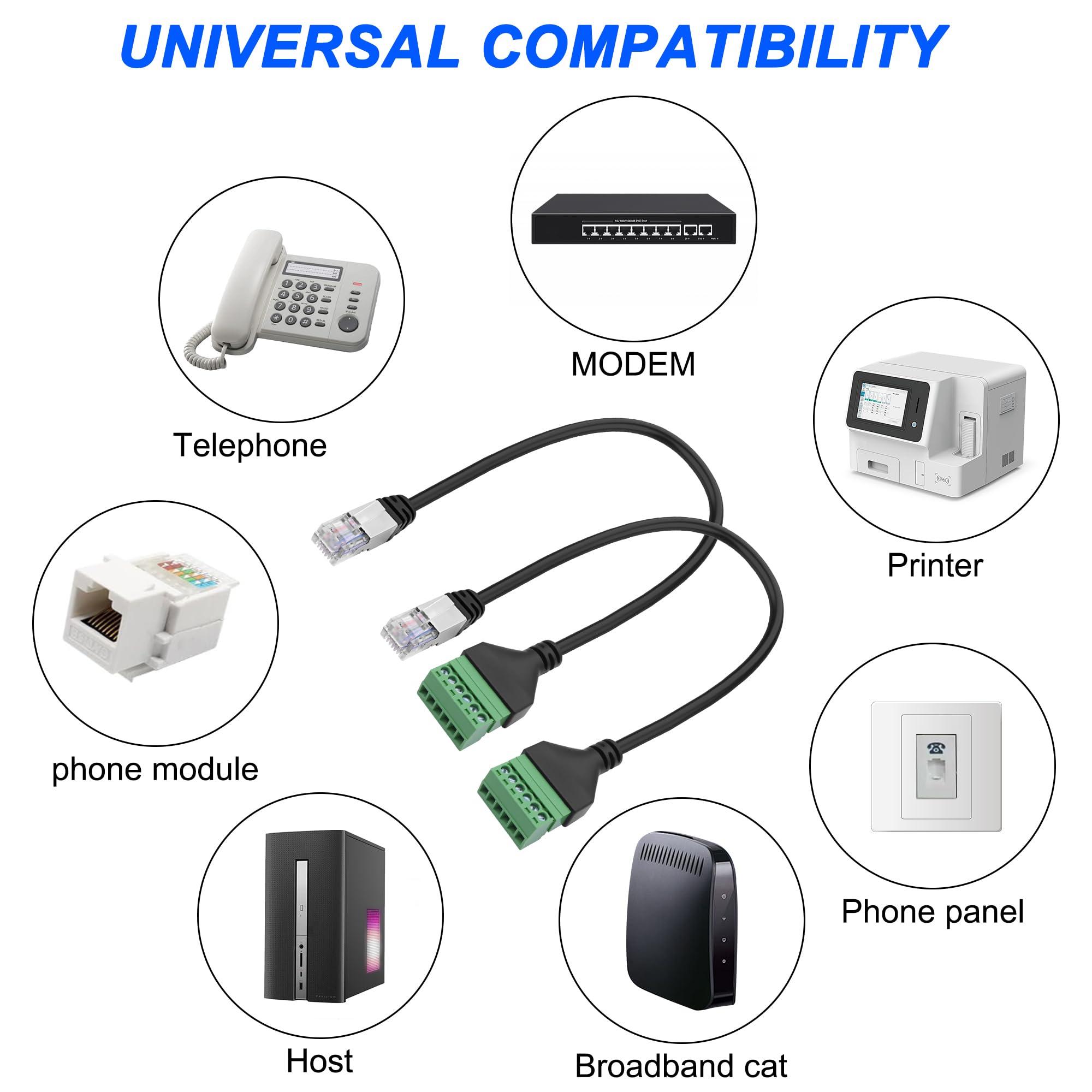 XMSJSIJ rj12 zacisk śrubowy na 6-pinowy, bezlutowy adapter, kabel przedłużający, wtyczka na 6-pinowy, przedłużacz do telefonu stacjonarnego, 2 szt