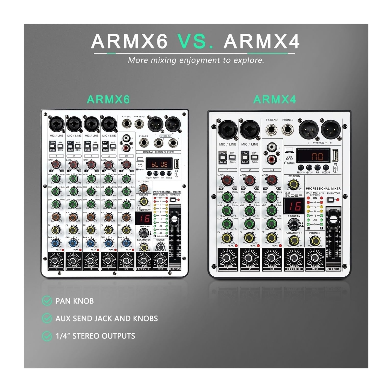 Mikser audio, 6-kanałowy mikser audio, DJ z interfejsem USB, funkcjami, 16 efektami DSP i 3-pasmowym korektorem (ARMX-6) do karaoke w studiu