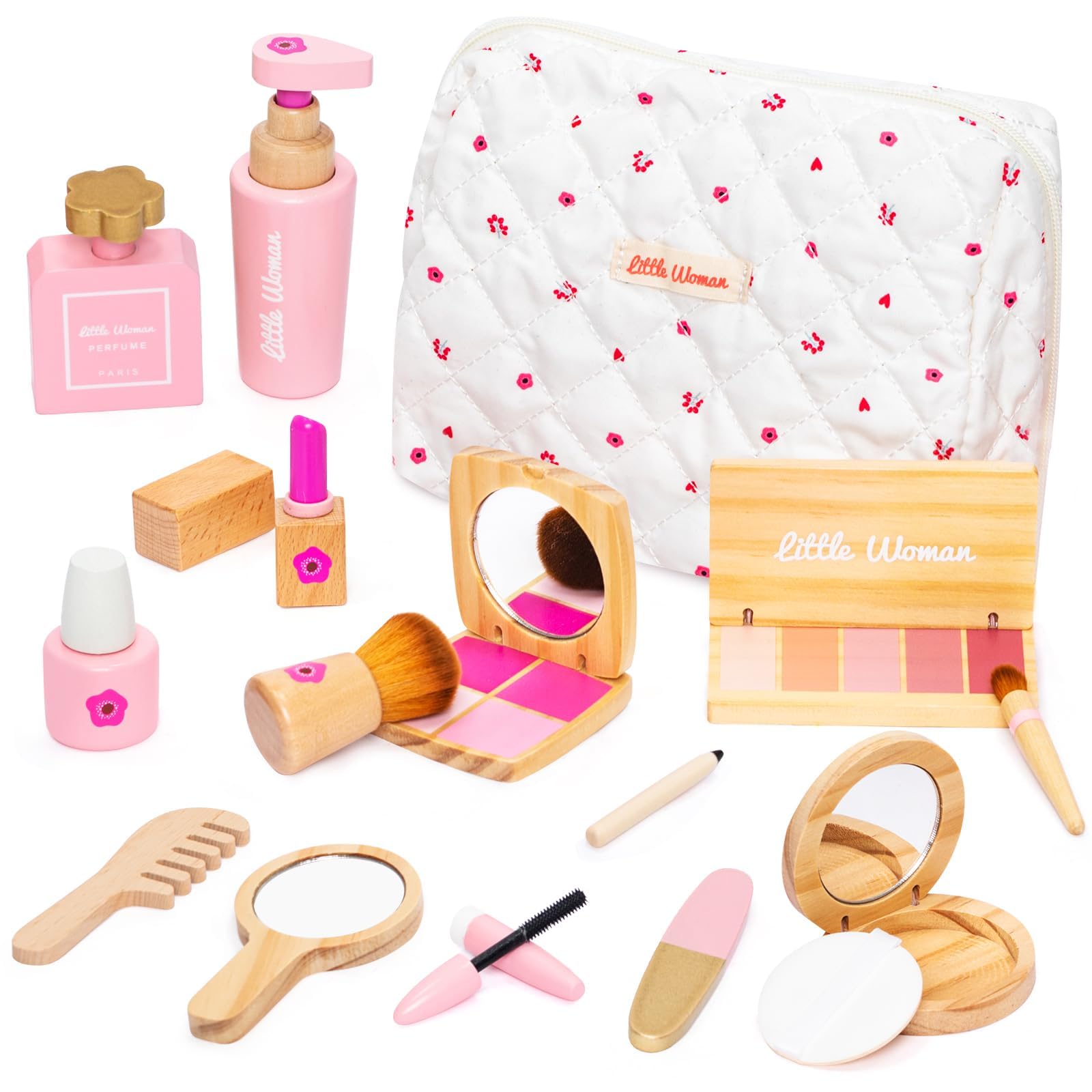 Schminkset Kinder Holz – 15-teiliges Premium Holzspielzeug Kosmetiktasche mit Lippenstift, Lidschatten, Spiegel & Parfüm – Montessori Frisiertisch Zubehör Rollenspiel Geschenk für Mädchen ab 3 Jahren