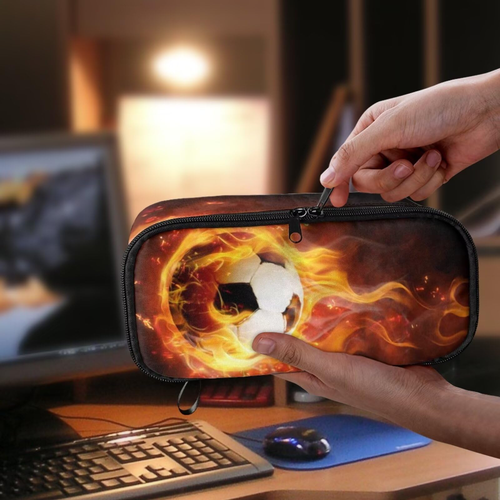 Dngkaoje Football Pencil case for Kids Boys School Pen Bags Large Capacity Pencil Holders Flame Soccer Print Kindergarten Elementary School Pen case Children Stationery Bags - Image 2
