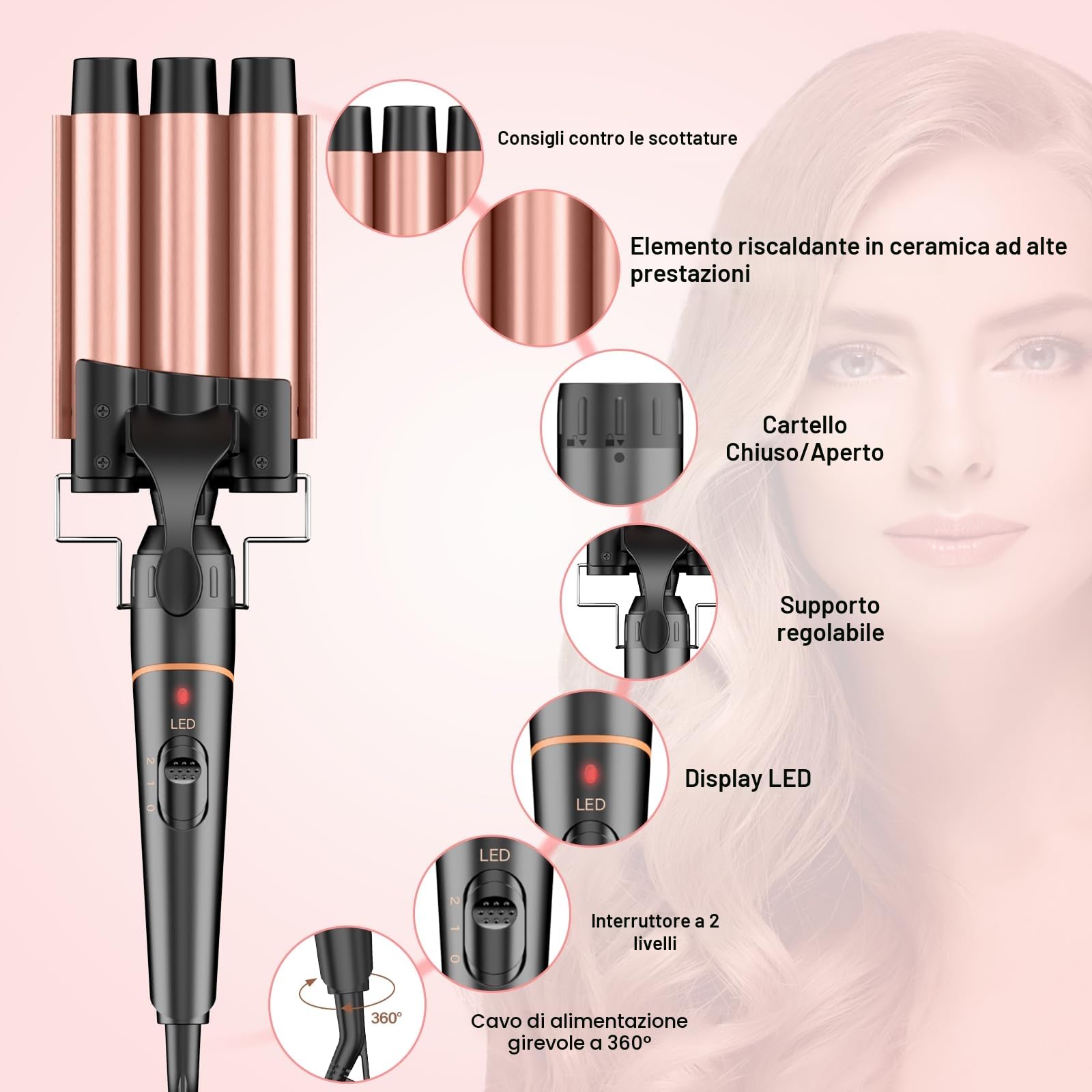BESTOPE PRO Set di ferro arricciacapelli 5 in 1 – 3 fusti in ceramica per ricci e onde grandi – Riscaldamento rapido, 2 livelli di temperatura, bigodini con guanto e 2 clip, anti-crespo, doppia