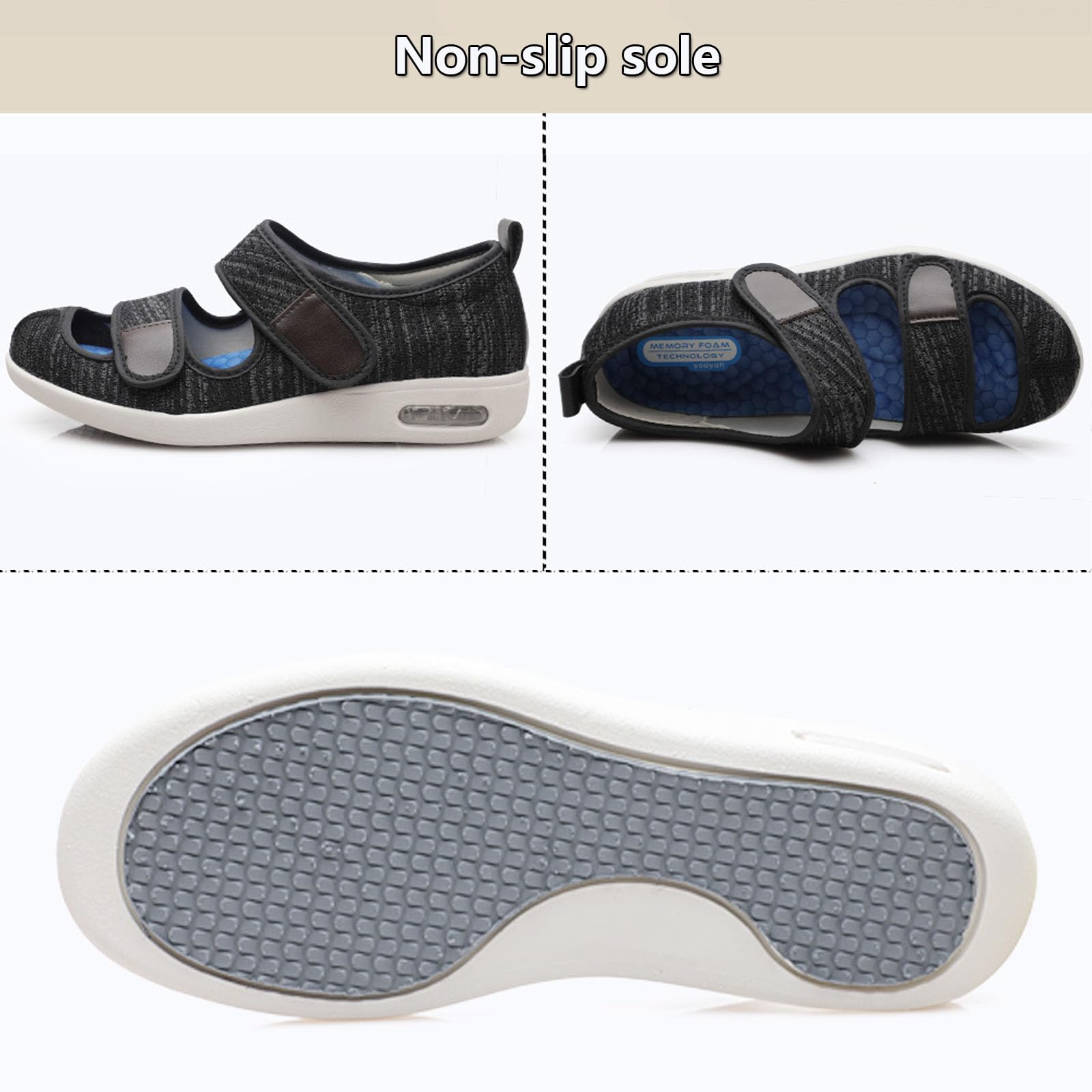 Buty męskie dla diabetyków, oddychające buty przeciwobrzękowe z pianką memory foam, dla osób starszych i z opuchniętymi stopami, łatwe do zakładania i zdejmowania (Black us Men 6)