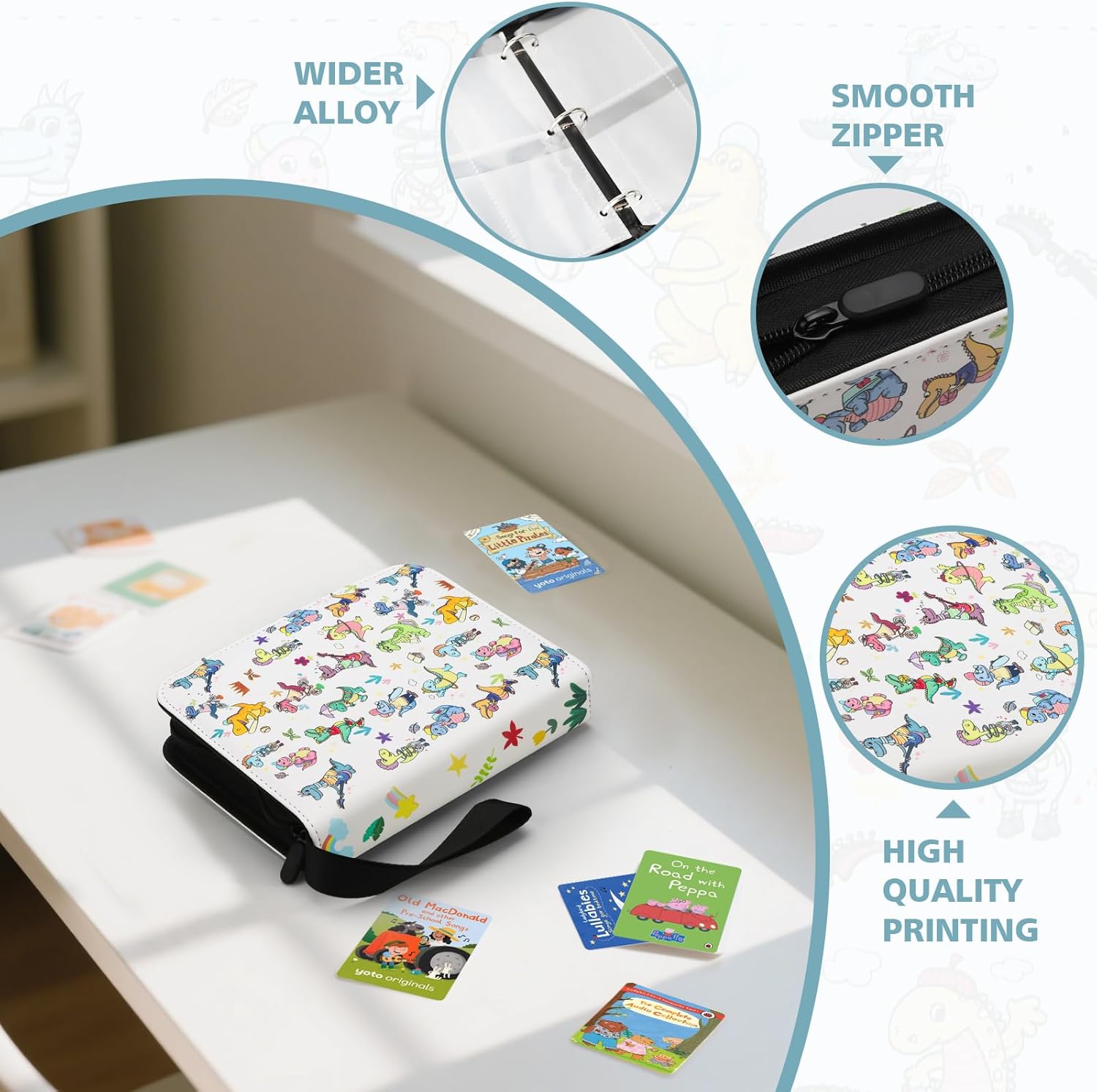 Card Holder for Yoto Cards 160 Pockets Large Capacity Card Organizer with Zipper Card Case Binder for Yoto Player Cards(PU white dinosaur)