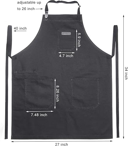 Miniatura 7 de Delantal de cocina de algodón negro, para hombre y mujer, delantal de cocina profesional para chef, parrilla, barbacoa, con bolsillos, toalla y