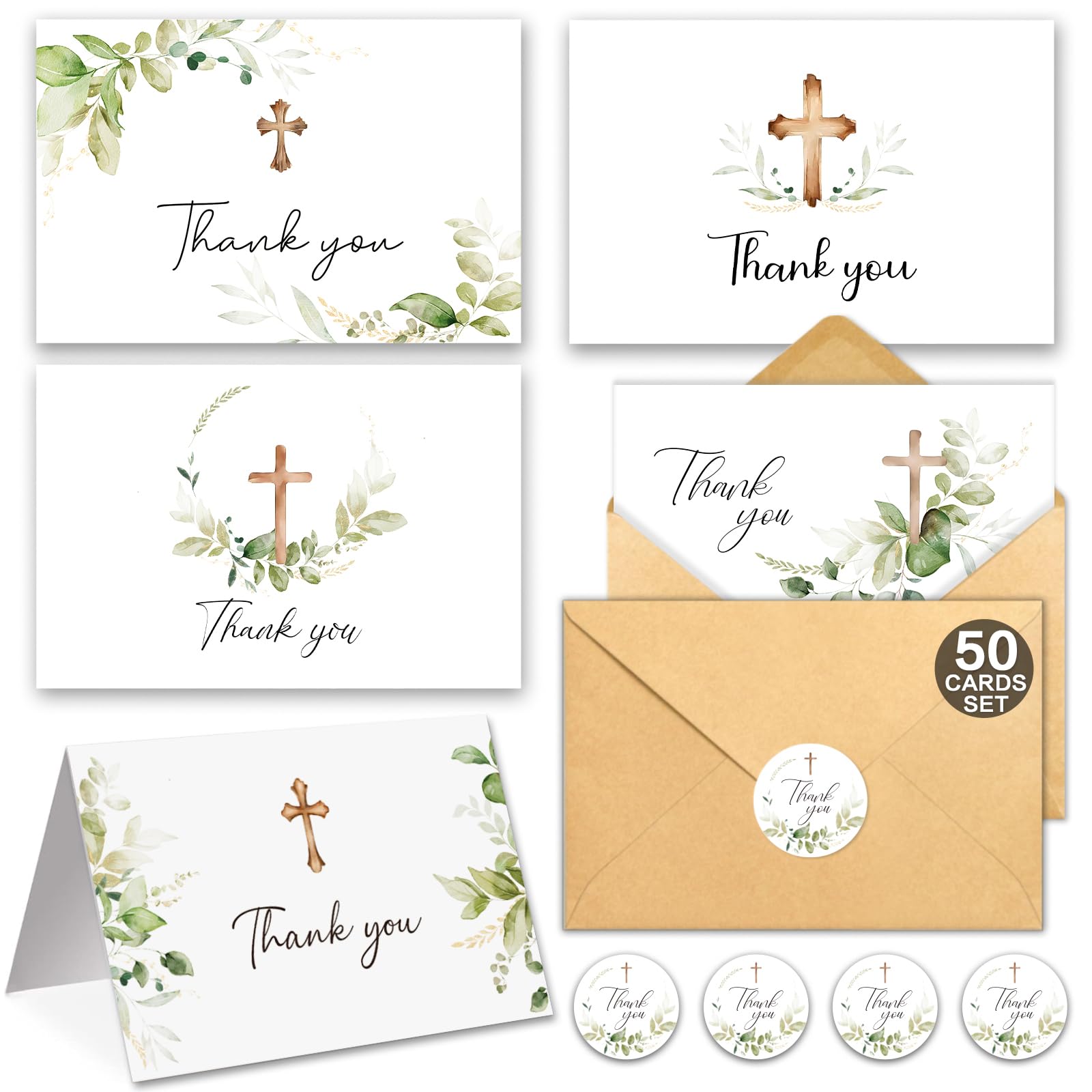 HiABNRT 50 Thank You Cards with Envelopes, 5 Watercolor Greenery Cross Designs 4 x 6in Blank Inside Thank You Card for Bulk Baptism, Wedding,