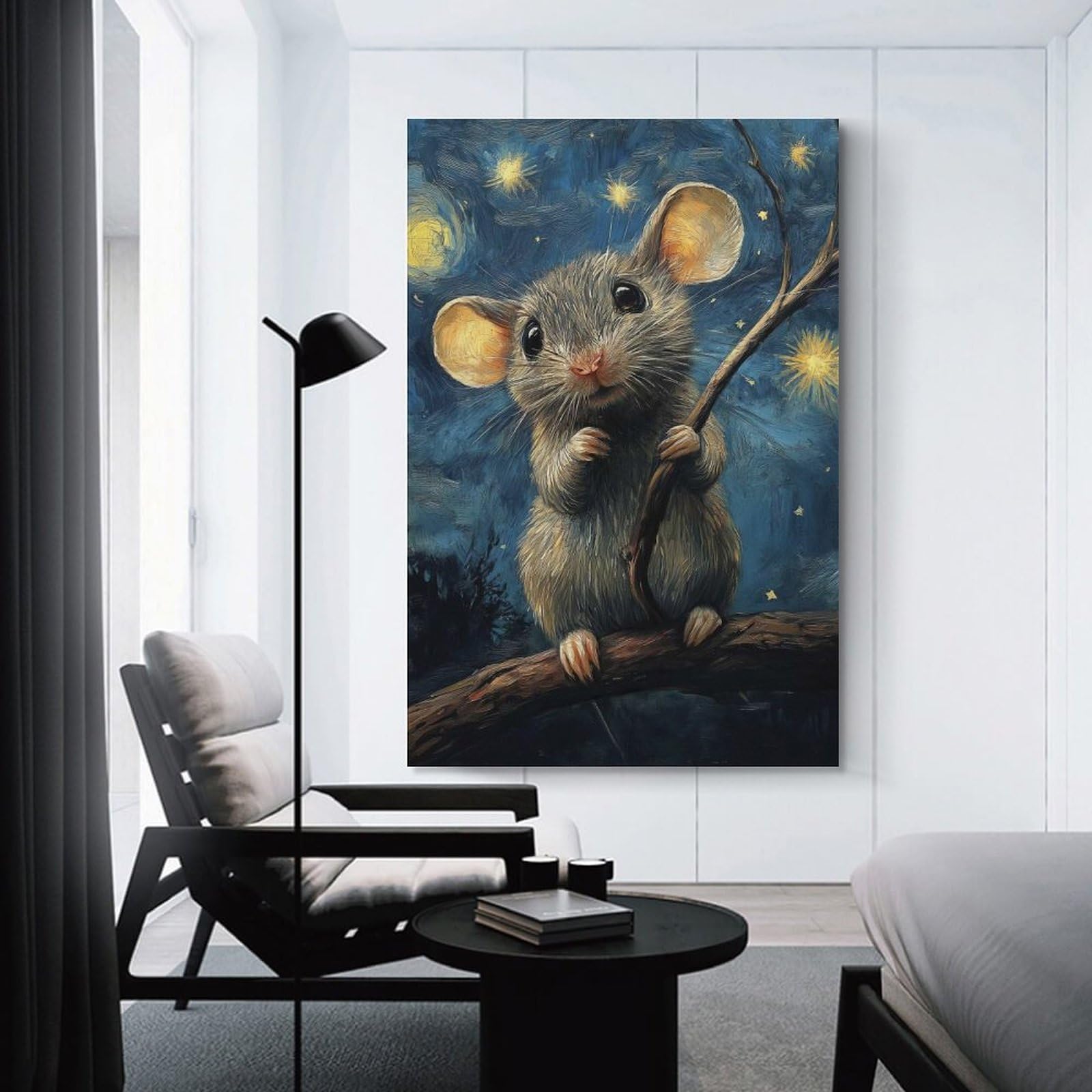 Junmoney Mouse Under Starry Sky Home Decor Wall Art, 24x36inch(60x90cm), for Apartment Walls, Studios Or Work Areas, Decorative Canvas Decor for Home Updates