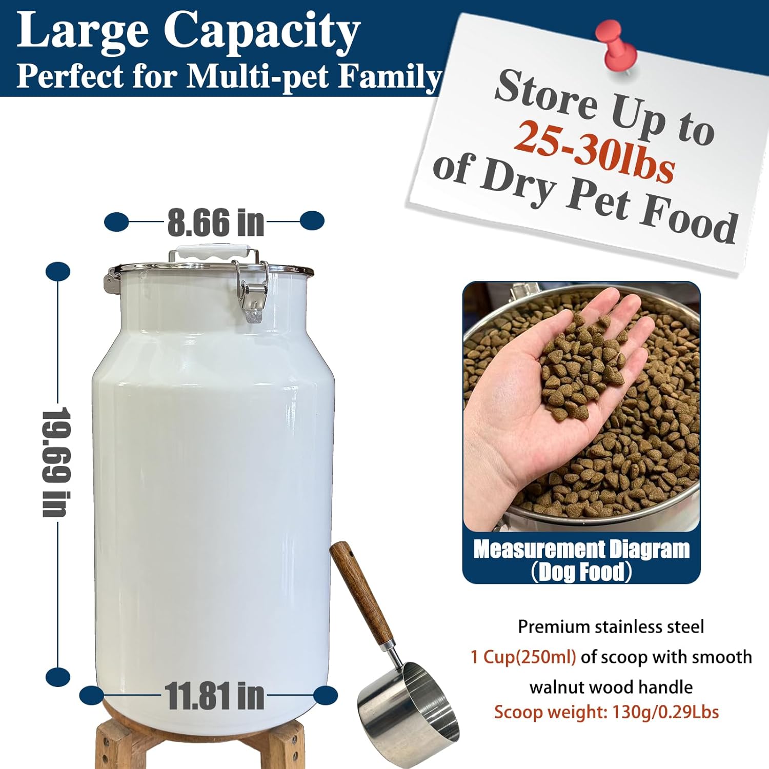 25 Lbs Stainless Steel Dog Food Storage Container with Scoop, Large Metal Dog Food Bin with Airtight Lid & Locking Clamp, Pet Treat Jars for Dogs & Cats, Keep Fresh