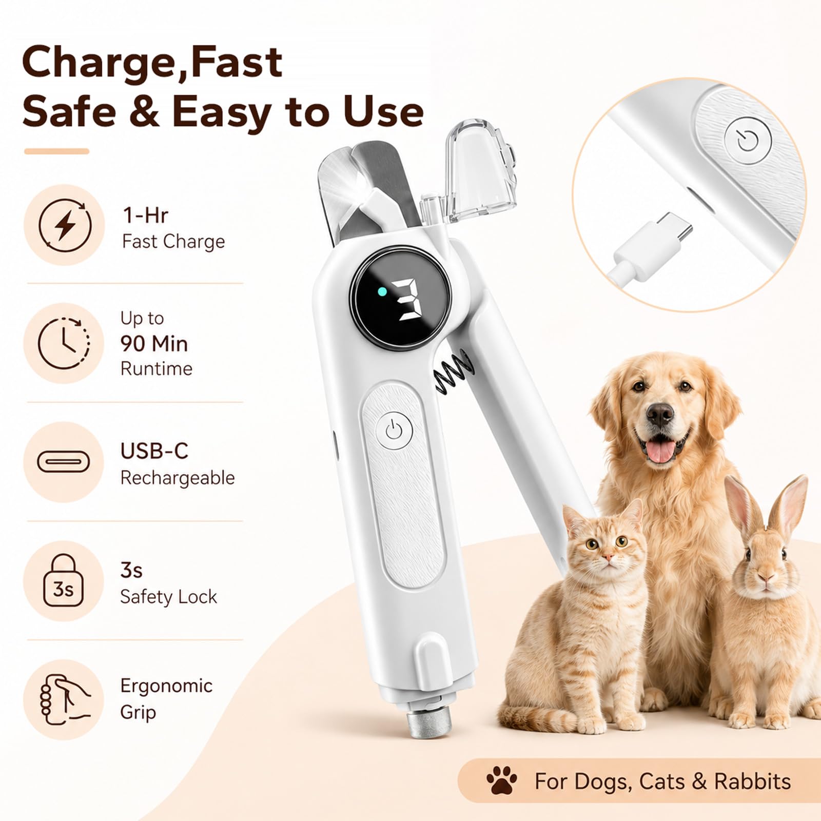 Tagliaunghie 2 in 1 per animali domestici, con luce LED, silenzioso, ricaricabile USB-C, per cani, gatti, cuccioli e gattini