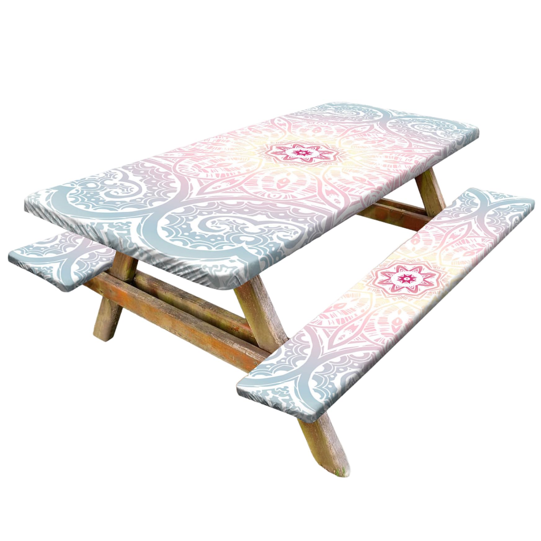 Hperu Style 3 Picnic Table Covers With Elastic, Picnic Table Cover With Bench Covers 3Pcs/Set Waterproof And Oil Resistant Fitted, Windproof Elastic Tablecloths For Rectangle Tables,