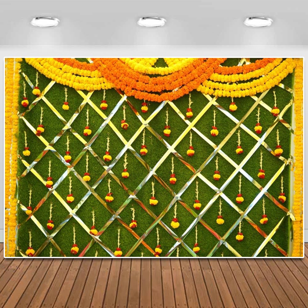 India Diwali Backdrop Puja Hindu Mehndi Festival Background Ganpati Pooja Backdrop India for Bridal Shower Wedding Party Marigold Garlands Photo Props