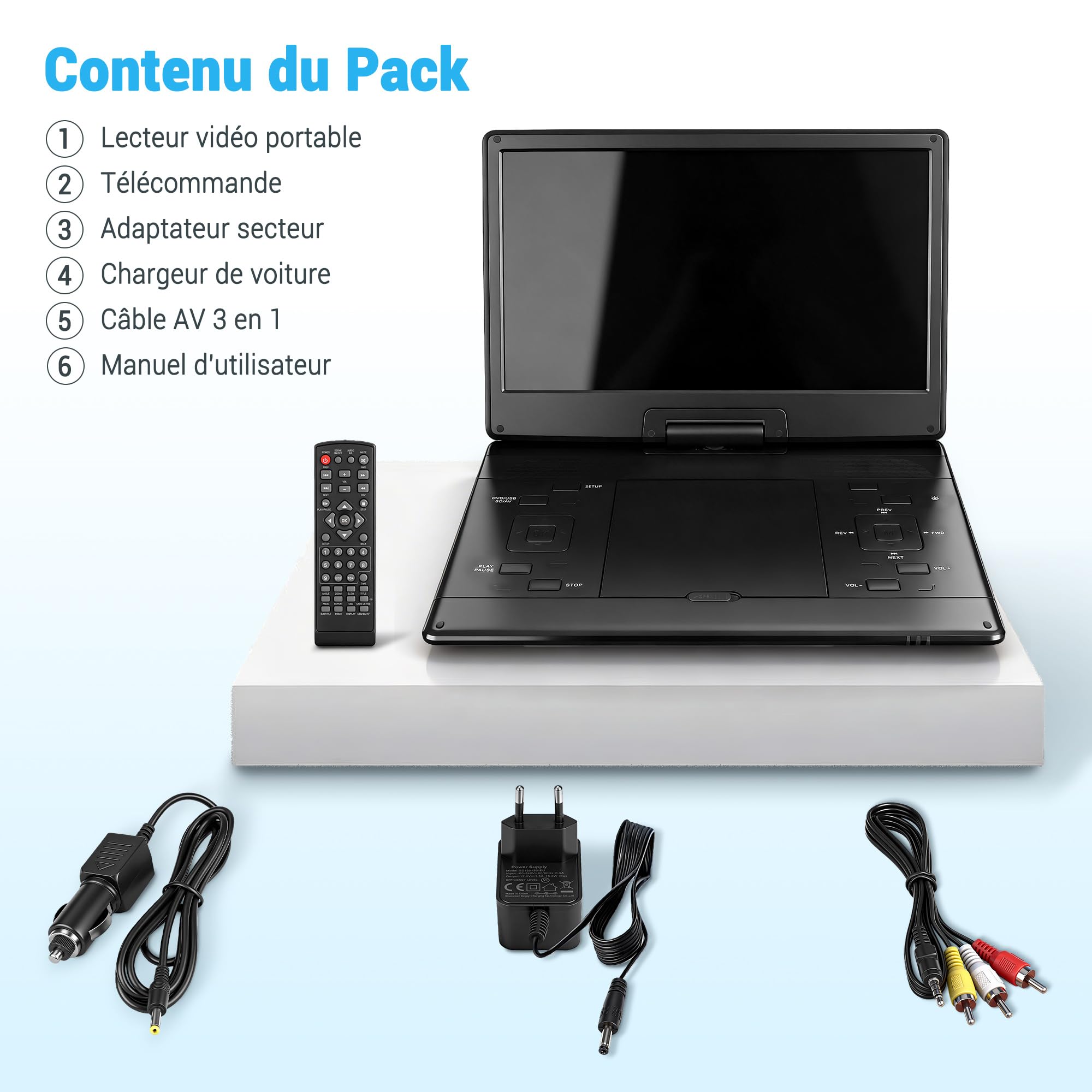 Lecteur CD/DVD portable 17,5'' écran HD pivotant 15,6'' CD MP3 USB SD batterie son stéréo voiture externe