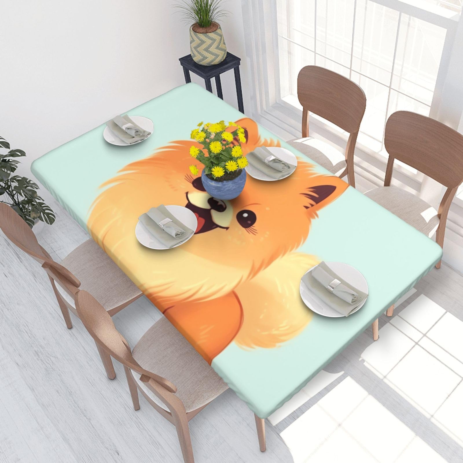 Cartoon Pomeranian Dog Waterproof Square Table Cover Elastic Fitted Tablecloth Oil Proof Table Protector For 4ft Table