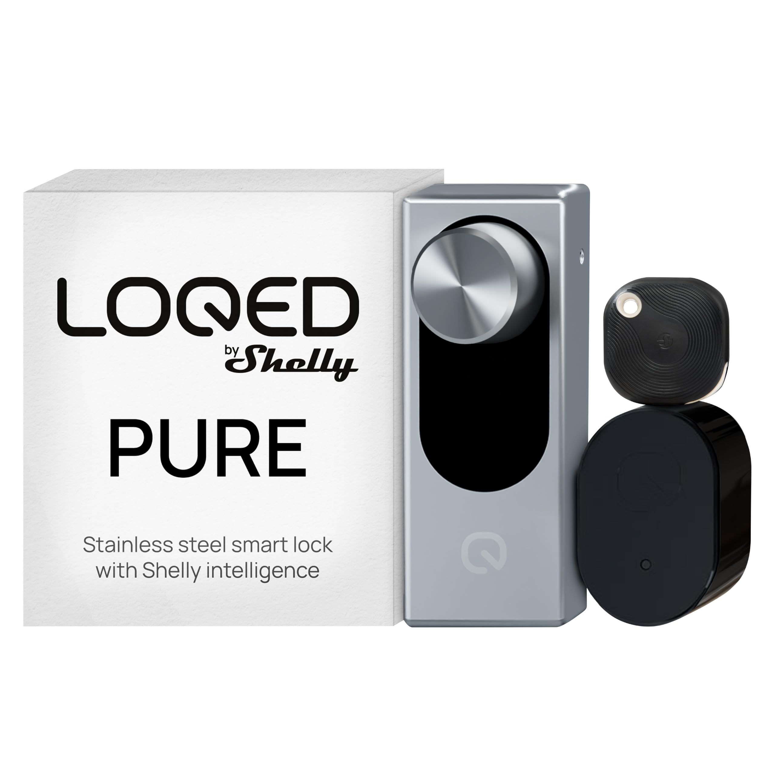 LOQED Pure Argento - Serratura Smart con Wi-Fi e Bluetooth per Cilindro Europeo, Batteria Ricaricabile con Cavo Alimentazione Emergenza 9V, LOQED App e Shelly Smart Control, Apertura Senza Chiave
