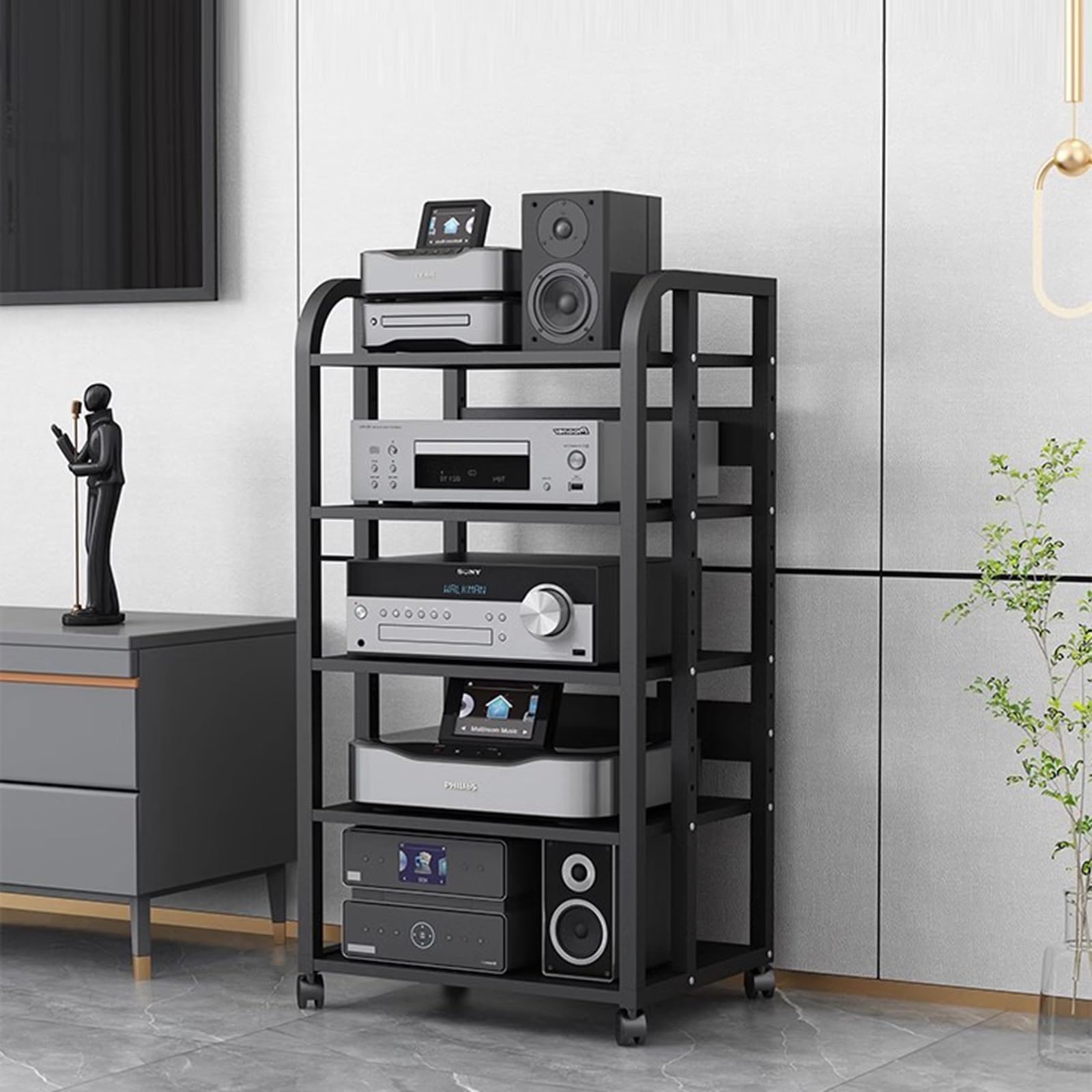 WDJBPSH Mobile Audio Media Rack on Wheels, Portable Video Entertainment Equipment Storage Holder with Height-Adjustable Shelf, Office Bedroom Living Room Organizer(Size:5 Tier/H 100cm - no Drawer)