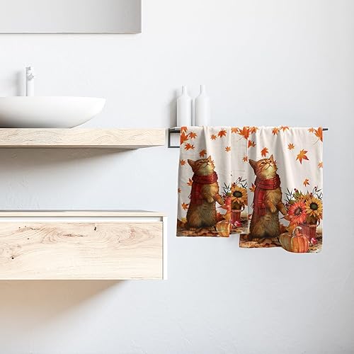 Miniatura 6 de Giwawa Juego de 2 toallas de mano de gato de otoño con hojas de arce, juego de 2 toallas de baño pequeñas suaves para la punta de los dedos, toallas