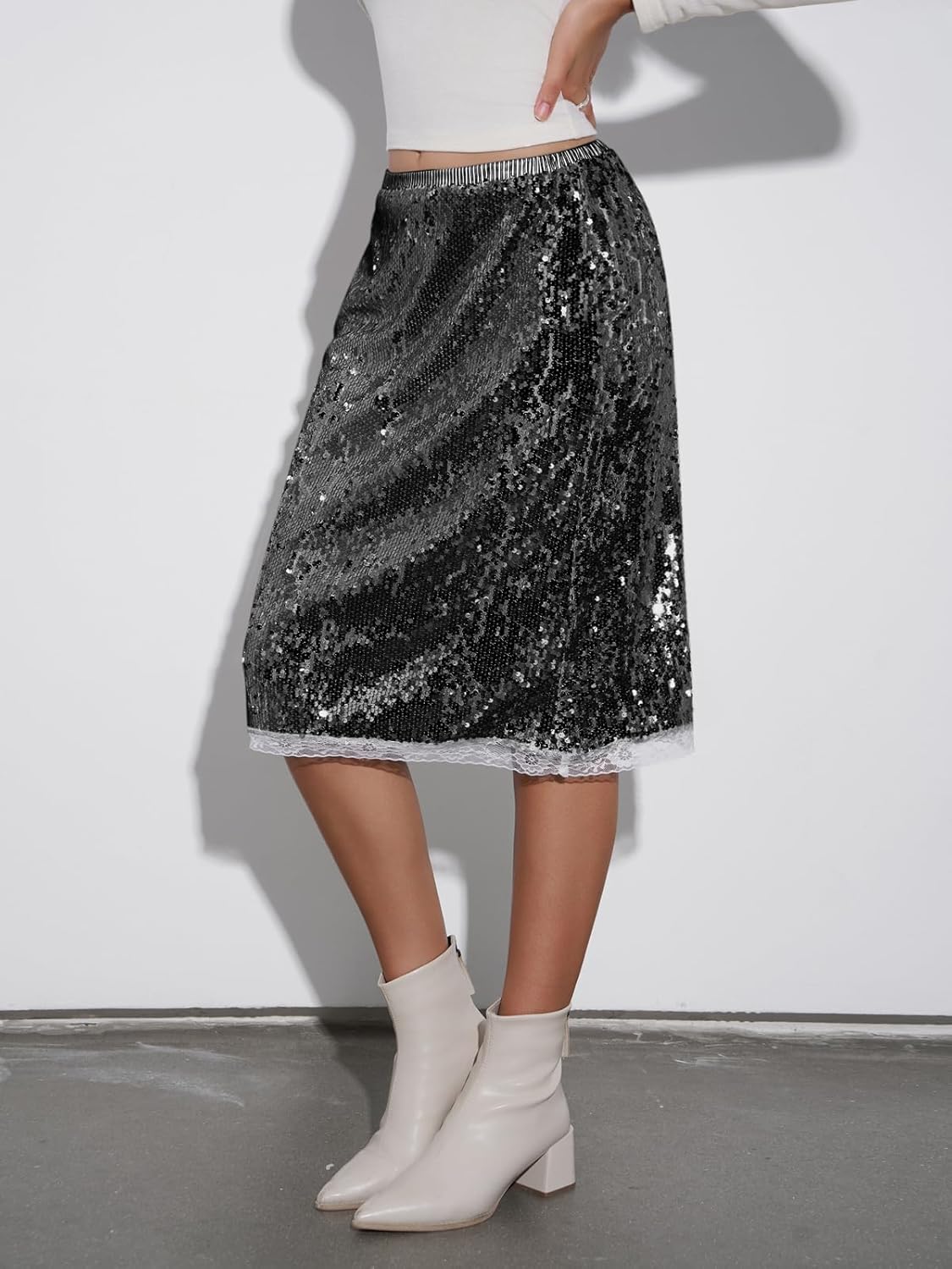 Yousify Womens Sequin Midi Skirts Y2K Elastic High Waisted Lace Trim Sparkly Stretchy Night Out Club Concerts Party Skirt - Image 3